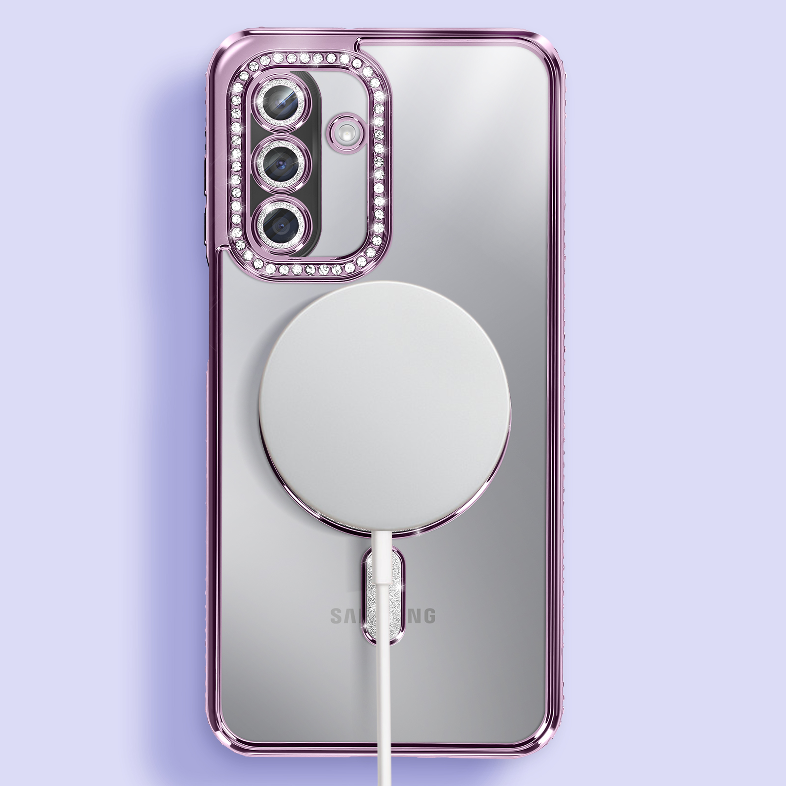 Coque de téléphone avec un cadre rose, des strass et un cercle de chargement blanc. C'est sur un fond violet.