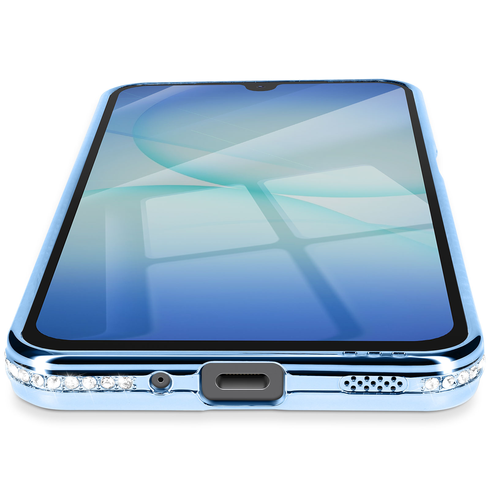 Un smartphone bleu avec un étui orné de cristaux. L'écran affiche un dégradé bleu clair avec des formes abstraites.