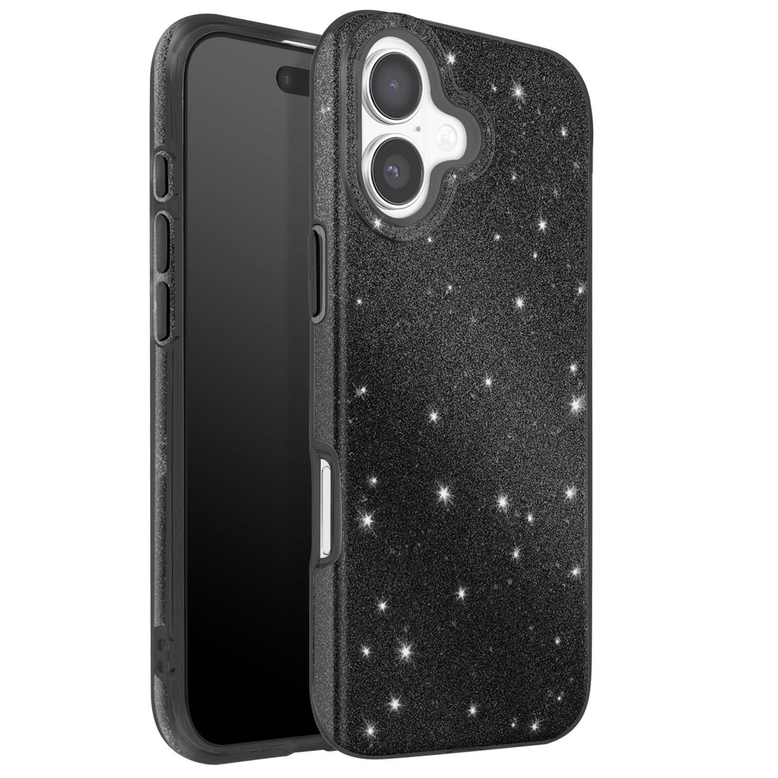 Coque de téléphone noire avec des étoiles scintillantes. Un téléphone noir est à l'intérieur. La coque a une découpe pour l'appareil photo.