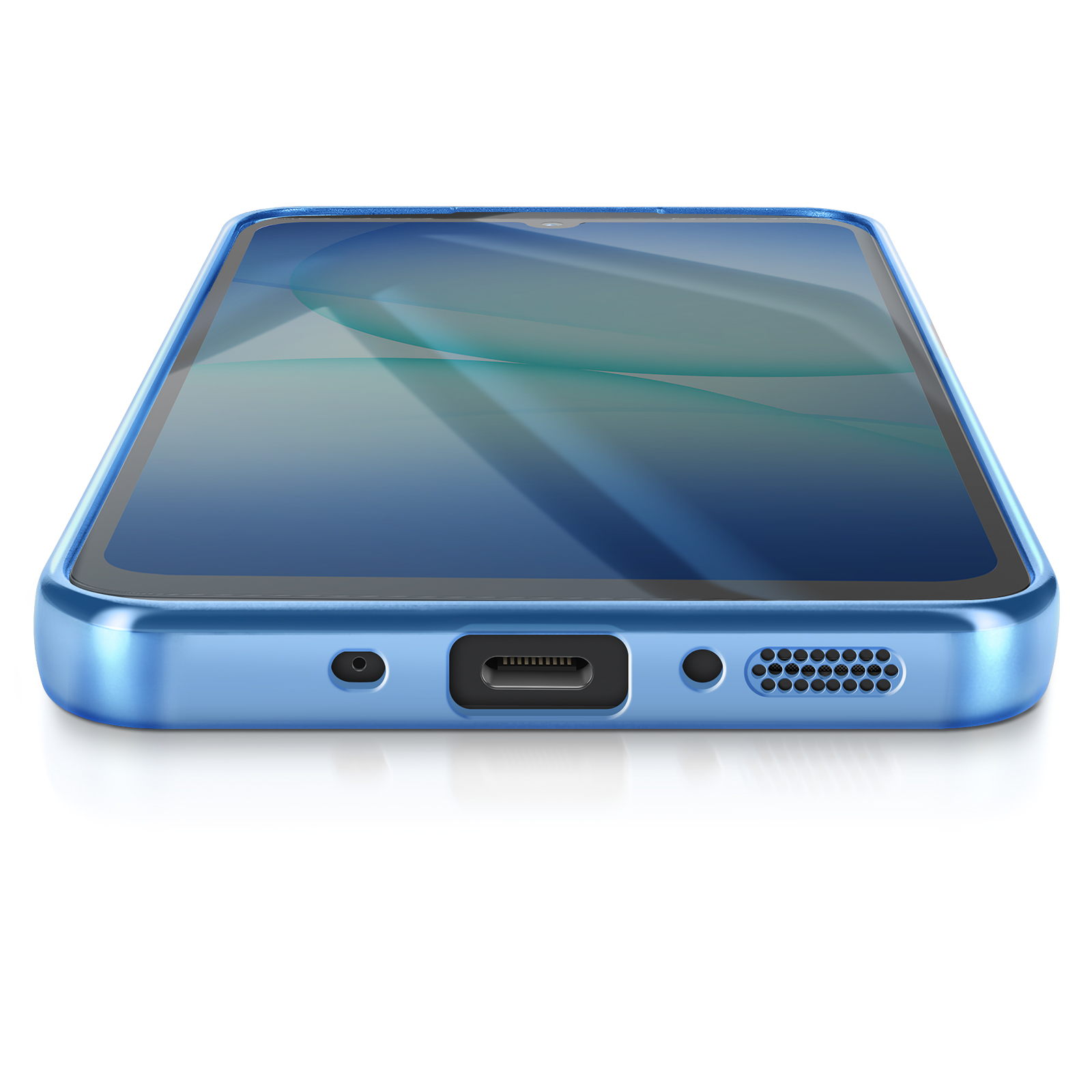 Een blauwe smartphone ligt horizontaal. Het scherm toont een blauw en groen patroon. De onderkant heeft een poort en gaten.