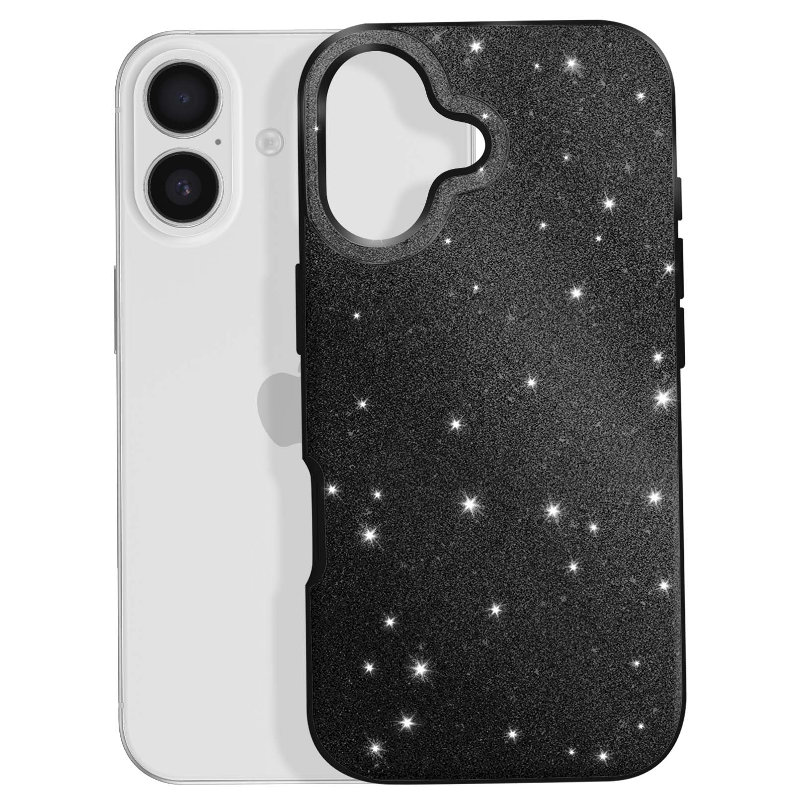 Un iPhone blanc avec une coque de téléphone noire à paillettes. L'étui a des paillettes en forme d'étoile.
