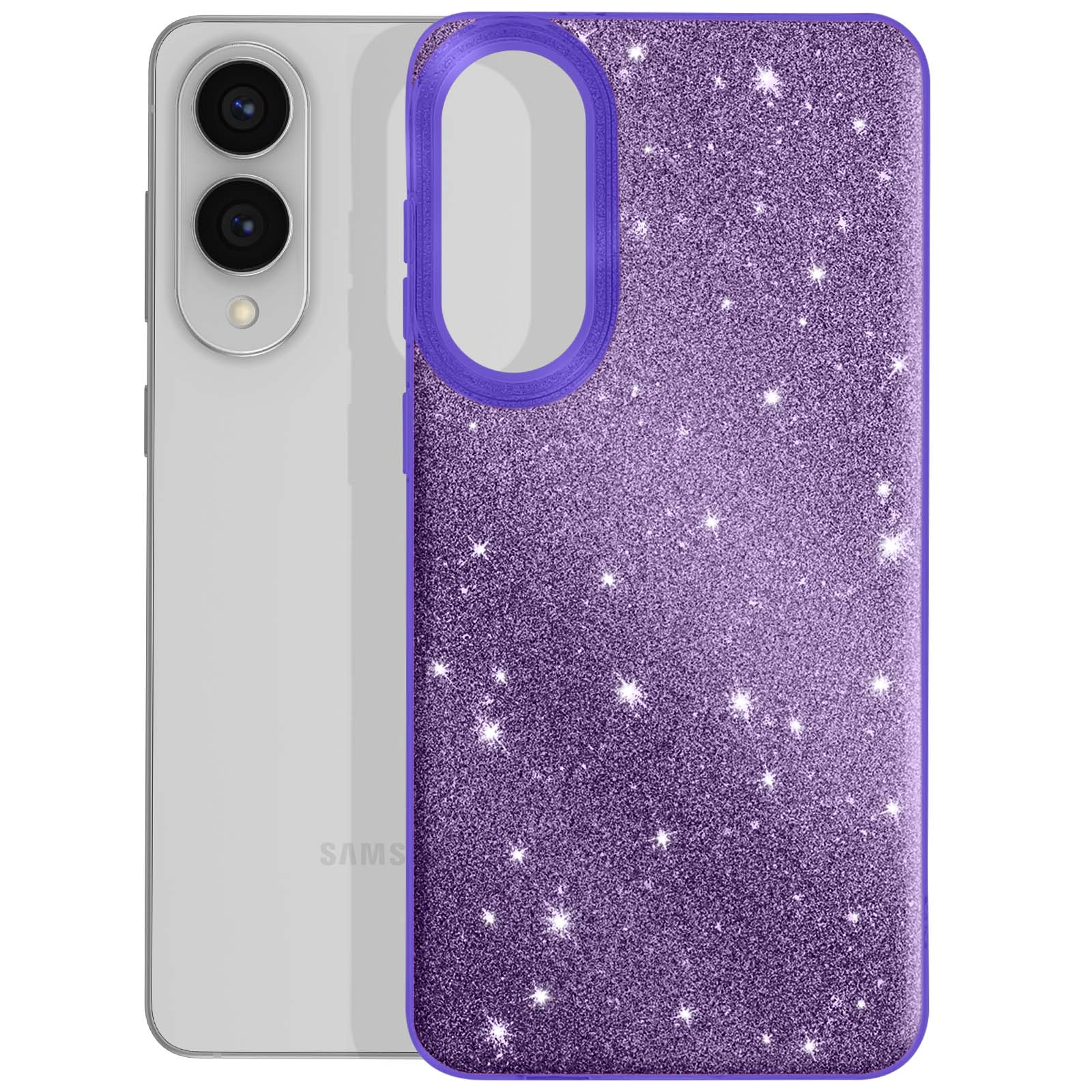 Un téléphone dans un étui violet pailleté. Le téléphone est argenté. L'étui a un cadre violet et un trou pour l'appareil photo.