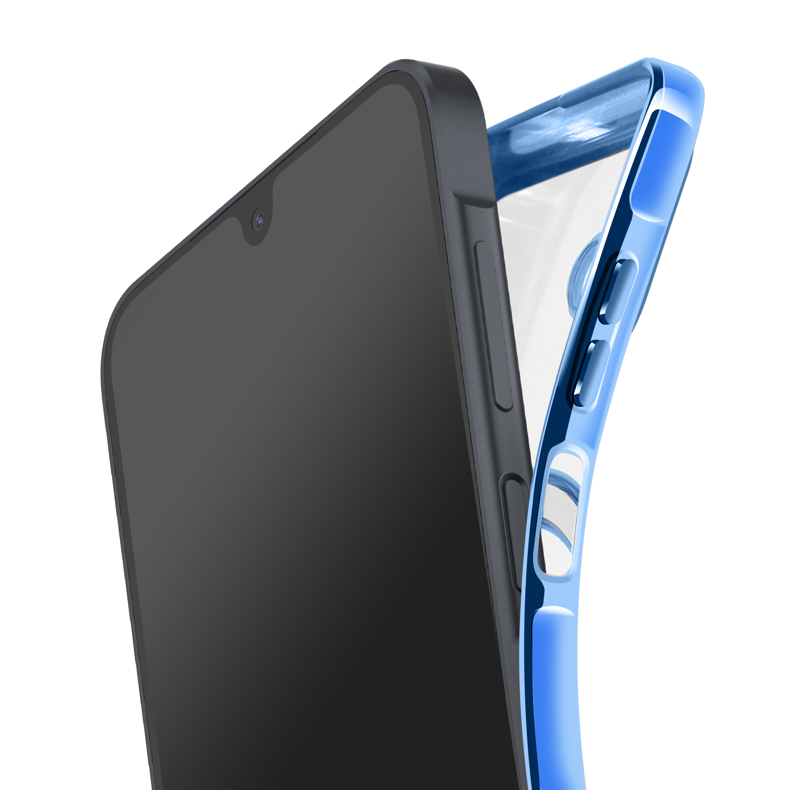 Een smartphone met zwart scherm wordt in een blauwe beschermhoes geplaatst tegen een witte achtergrond.