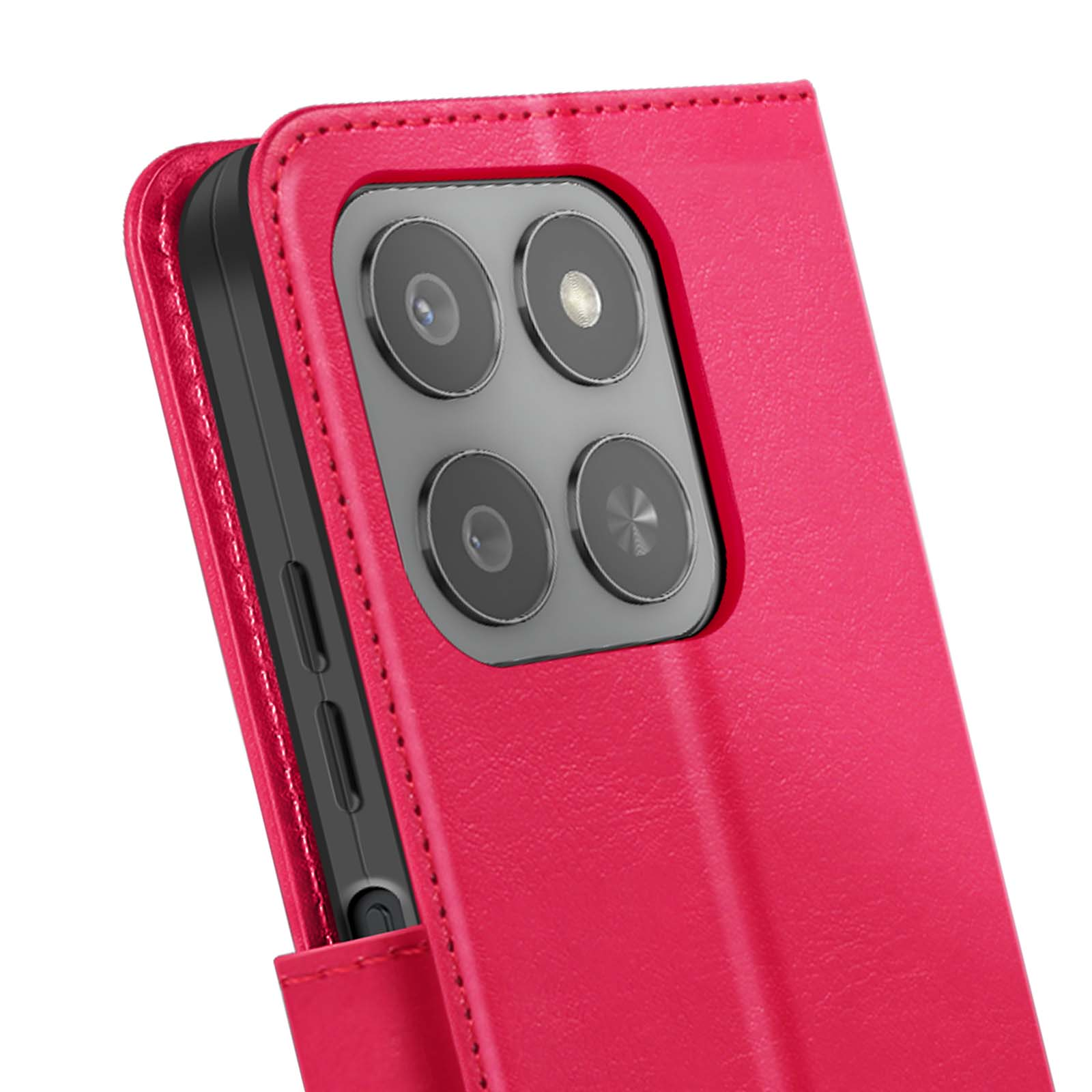 Gros plan d'un étui de téléphone rose avec un téléphone à l'intérieur. L'étui a une découpe pour l'appareil photo avec quatre lentilles.