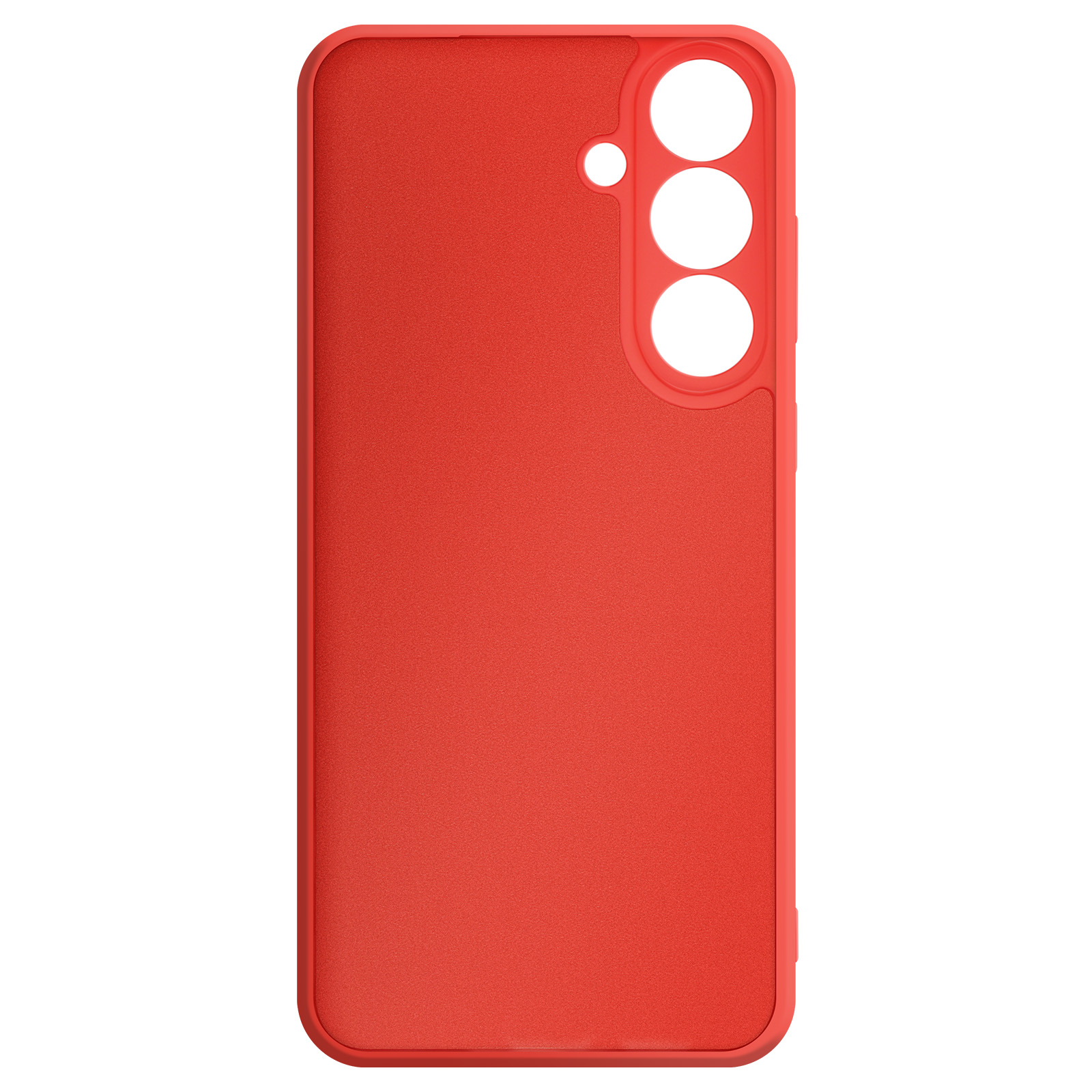 Custodia rossa per telefono con fori per la fotocamera. La custodia è di colore rosso pieno e strutturato. Lo sfondo è bianco.