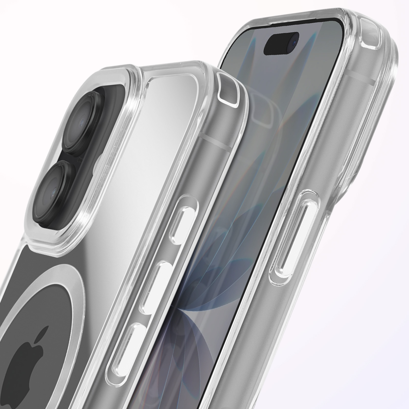 Close-up van twee doorzichtige telefoonhoesjes op een witte achtergrond. Eén hoesje heeft het Apple-logo zichtbaar.
