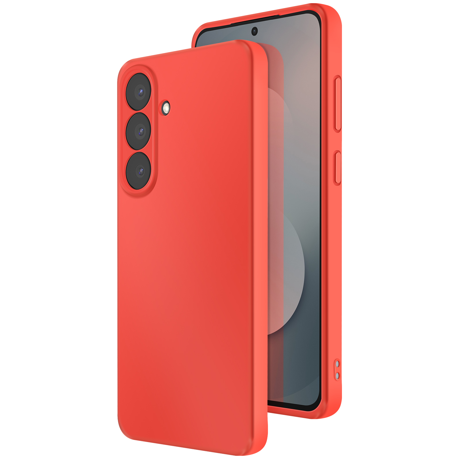 Una custodia rossa che copre parzialmente uno smartphone. La custodia ha tre lenti della fotocamera. Lo schermo è visibile.