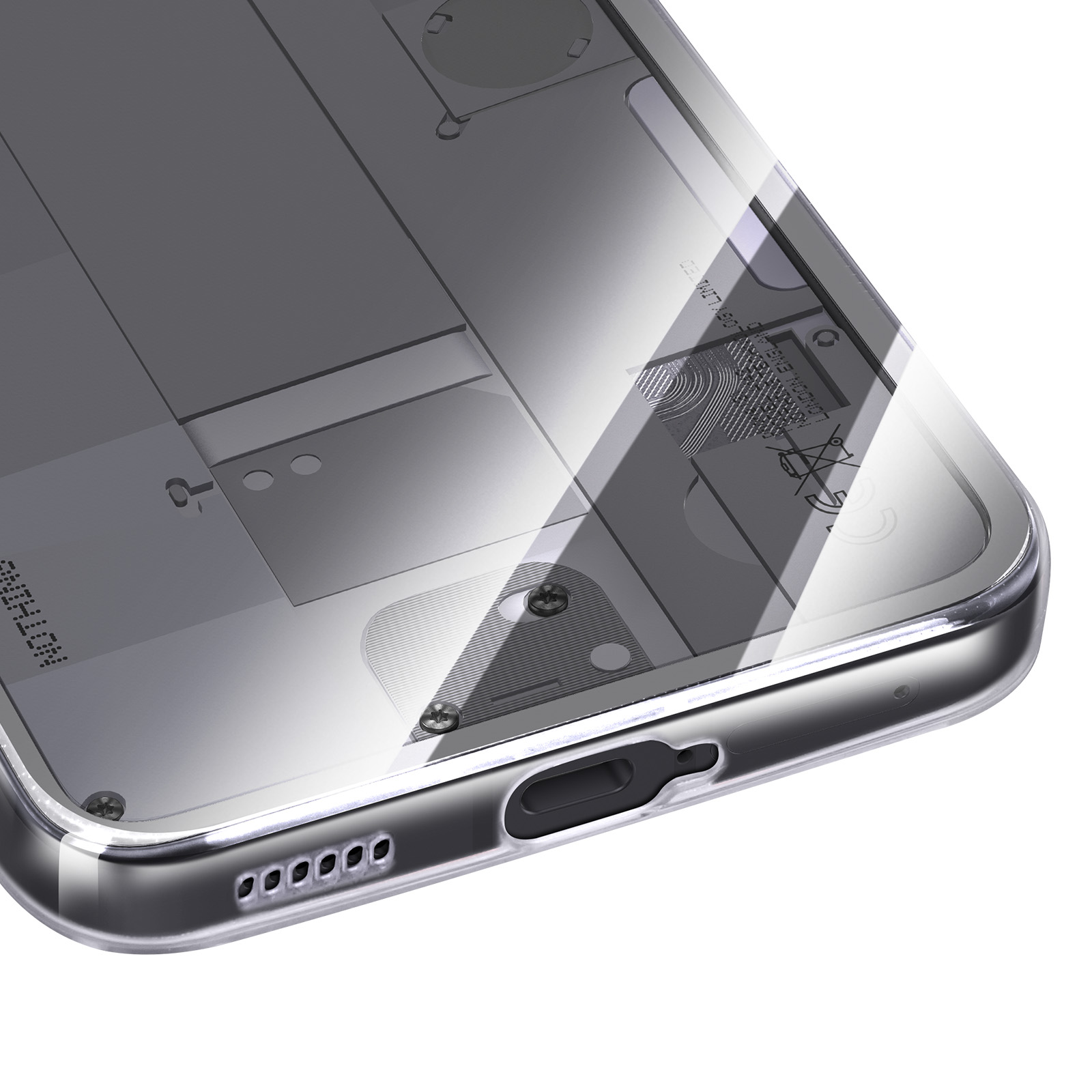 Gros plan d'un téléphone avec une coque transparente. Les composants internes du téléphone sont visibles sous le couvercle transparent.