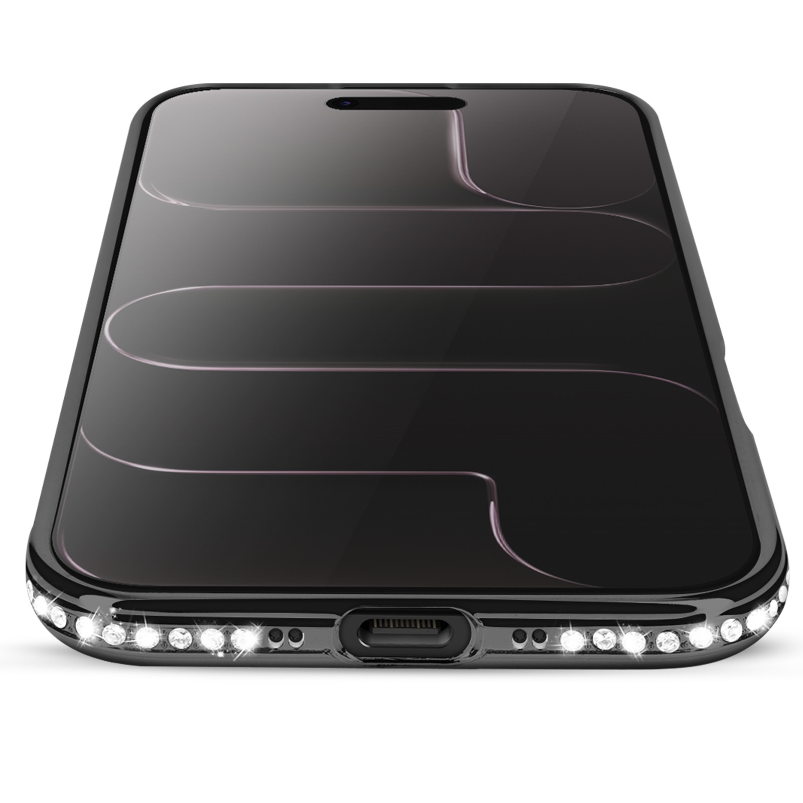 Zwarte telefoonhoes met decoratieve lijnen en ingebedde kristallen. De hoes is glanzend en reflecteert licht.