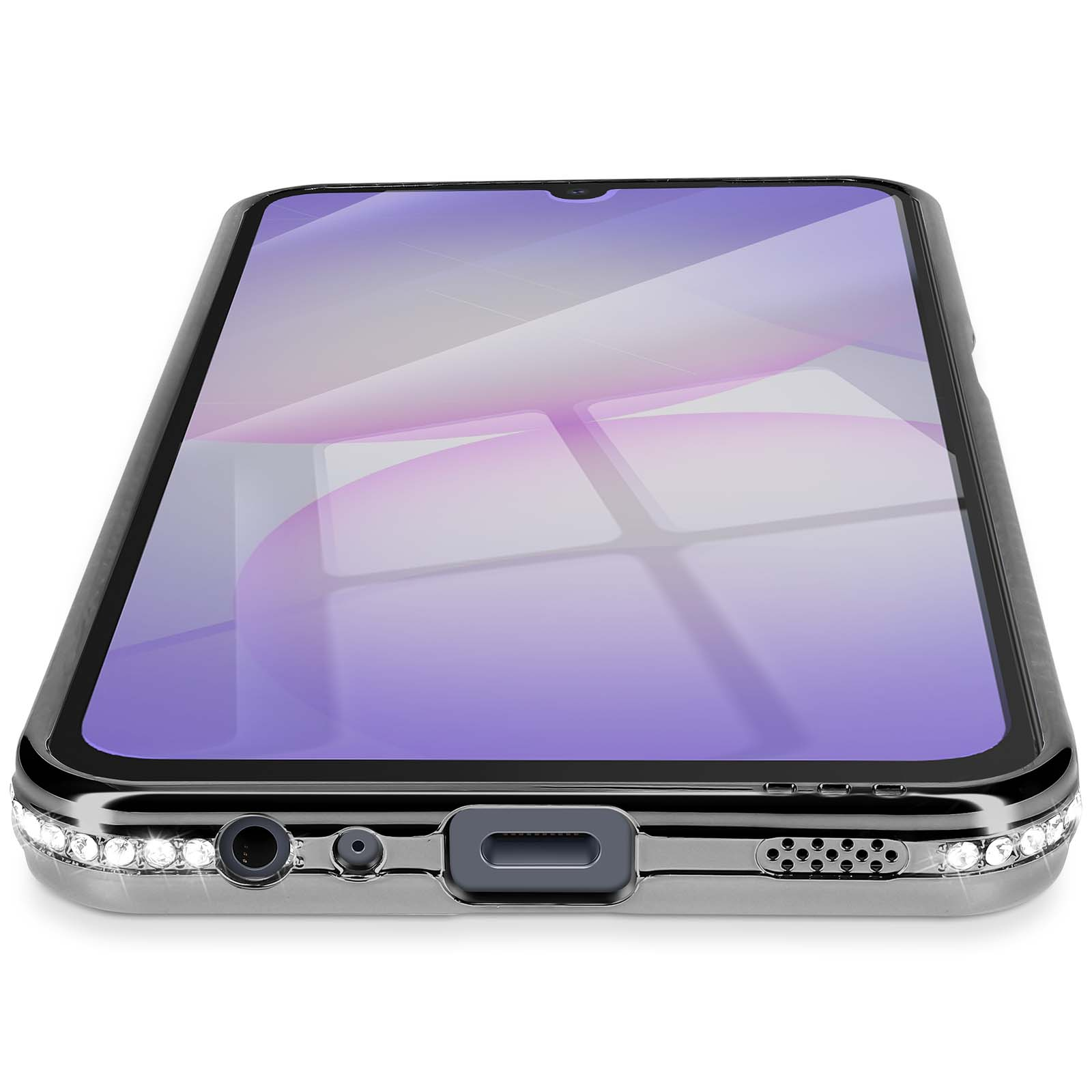 Uno smartphone in una custodia decorativa. Lo schermo mostra una sfumatura viola. La custodia ha una base argentata con strass.