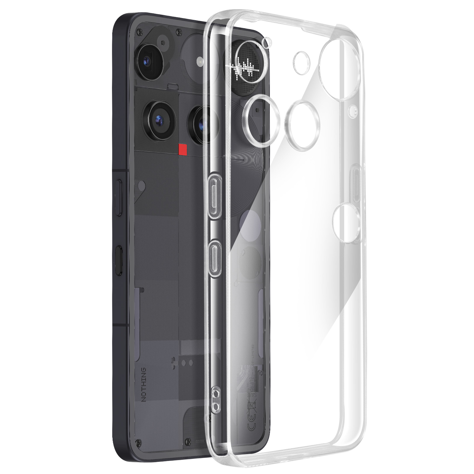 Un smartphone avec un dos transparent et une coque transparente est affiché. Le téléphone a un cadre noir.
