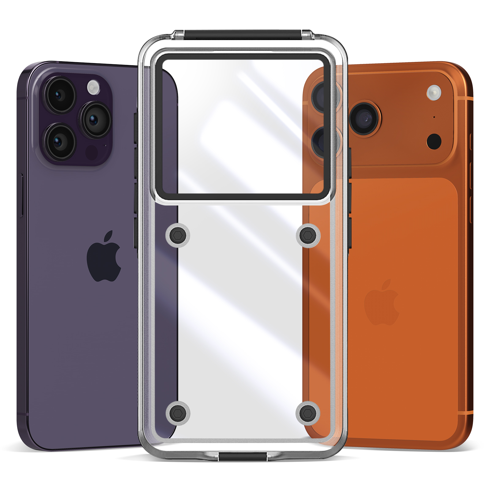 Drei Smartphones: lila, transparente Hülle und orange. Die transparente Hülle ist in der Mitte. Apple-Logo sichtbar.