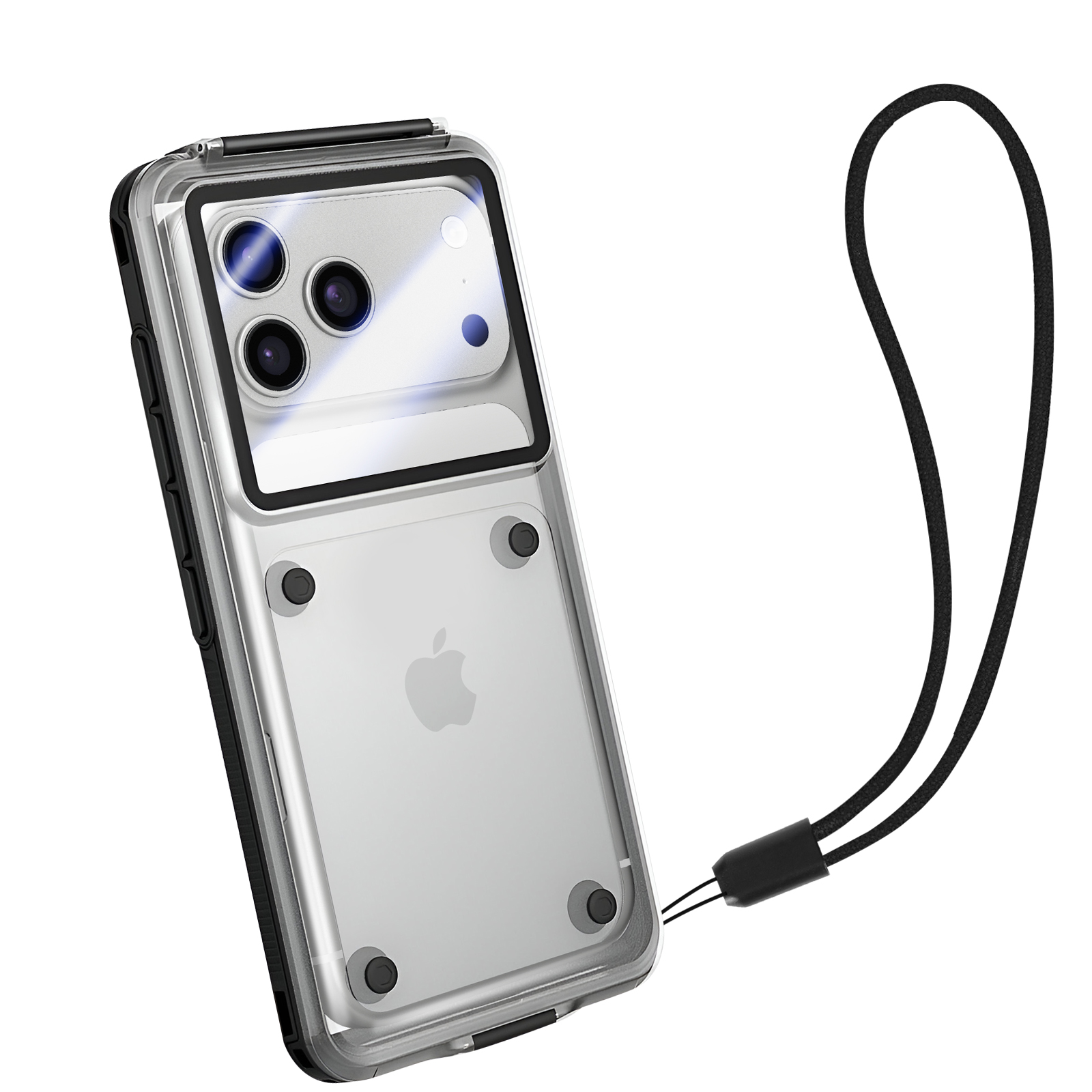 Eine transparente iPhone-Hülle mit einem schwarzen Umhängeband. Die Hülle hat eine silberne Rückseite mit dem Apple-Logo.