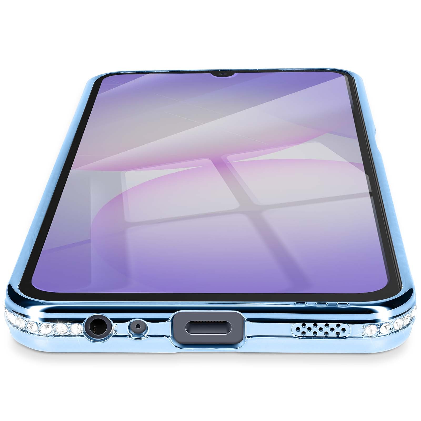Una custodia per telefono azzurra con schermo viola, decorata con piccoli cristalli, su una superficie bianca.
