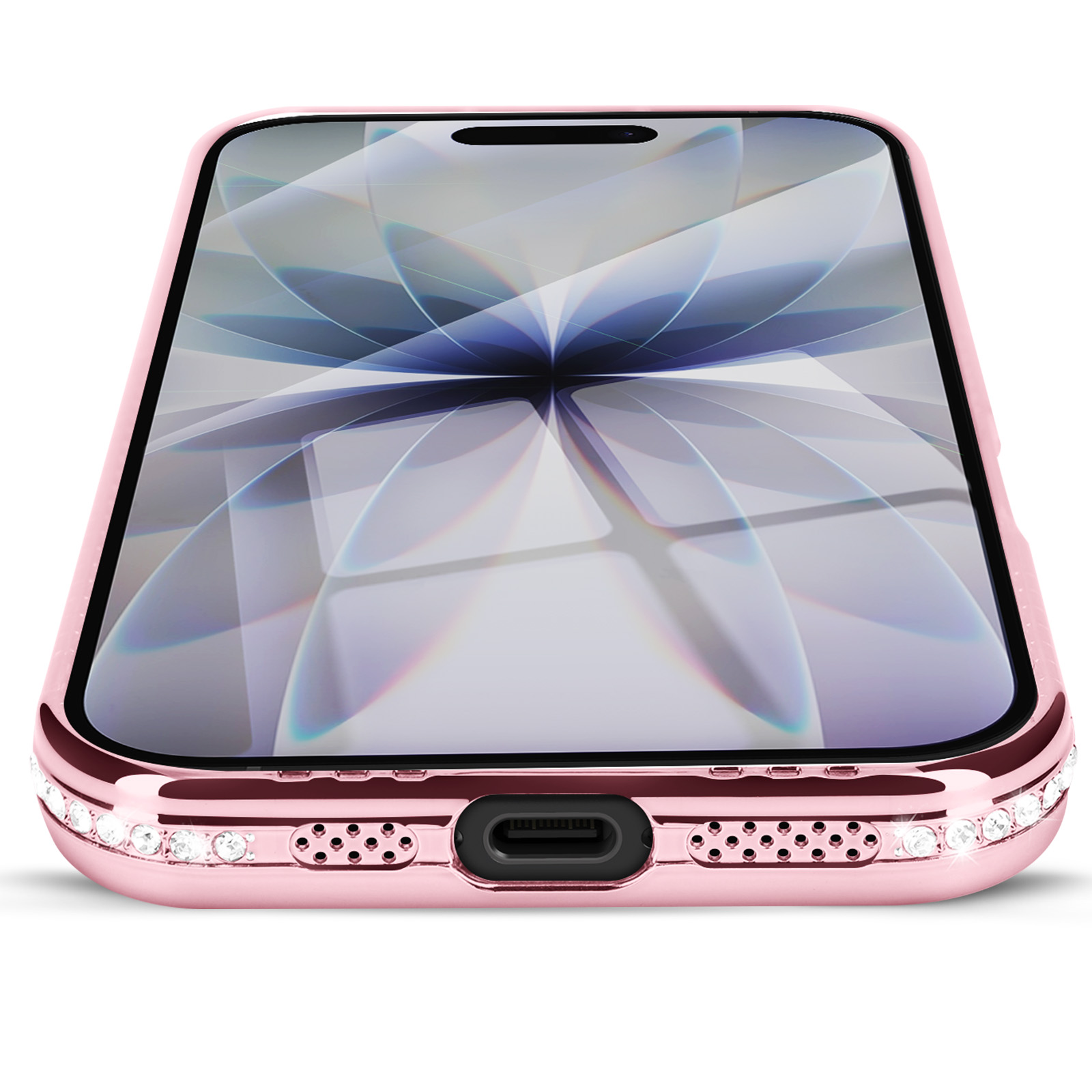Une coque de téléphone rose doré avec une bordure en cristal. Le téléphone affiche un motif abstrait blanc et bleu.
