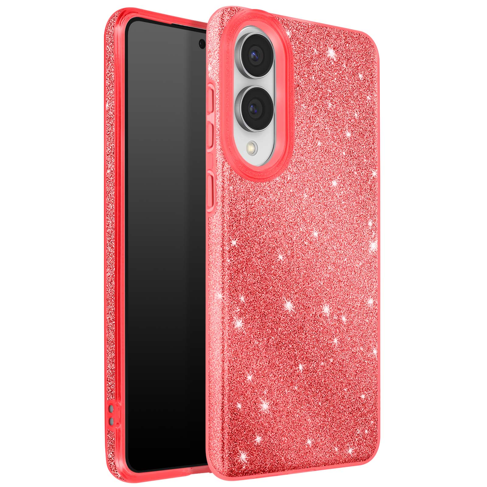 Een rode glitter telefoonhoes met een telefoon erin. De hoes heeft een camera-uitsparing en glinstert.