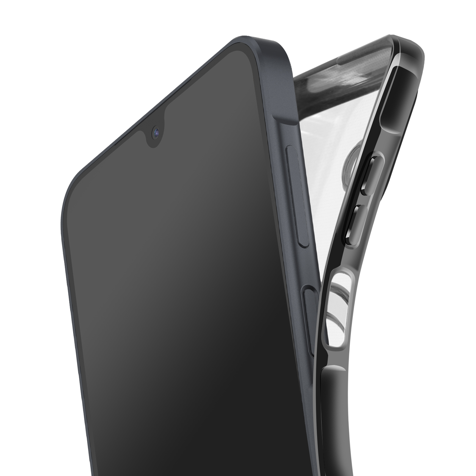 Telefoon in een hoesje, grijze telefoon met een zwart scherm en een doorzichtig hoesje. Witte achtergrond.