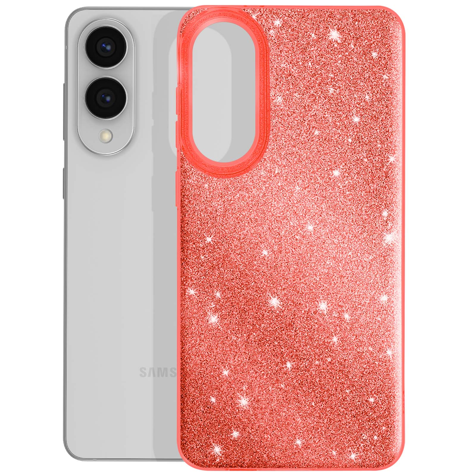 Een telefoon in een rode glitterhoes. De hoes heeft een ovale uitsparing voor de camera. De telefoon is zilver.