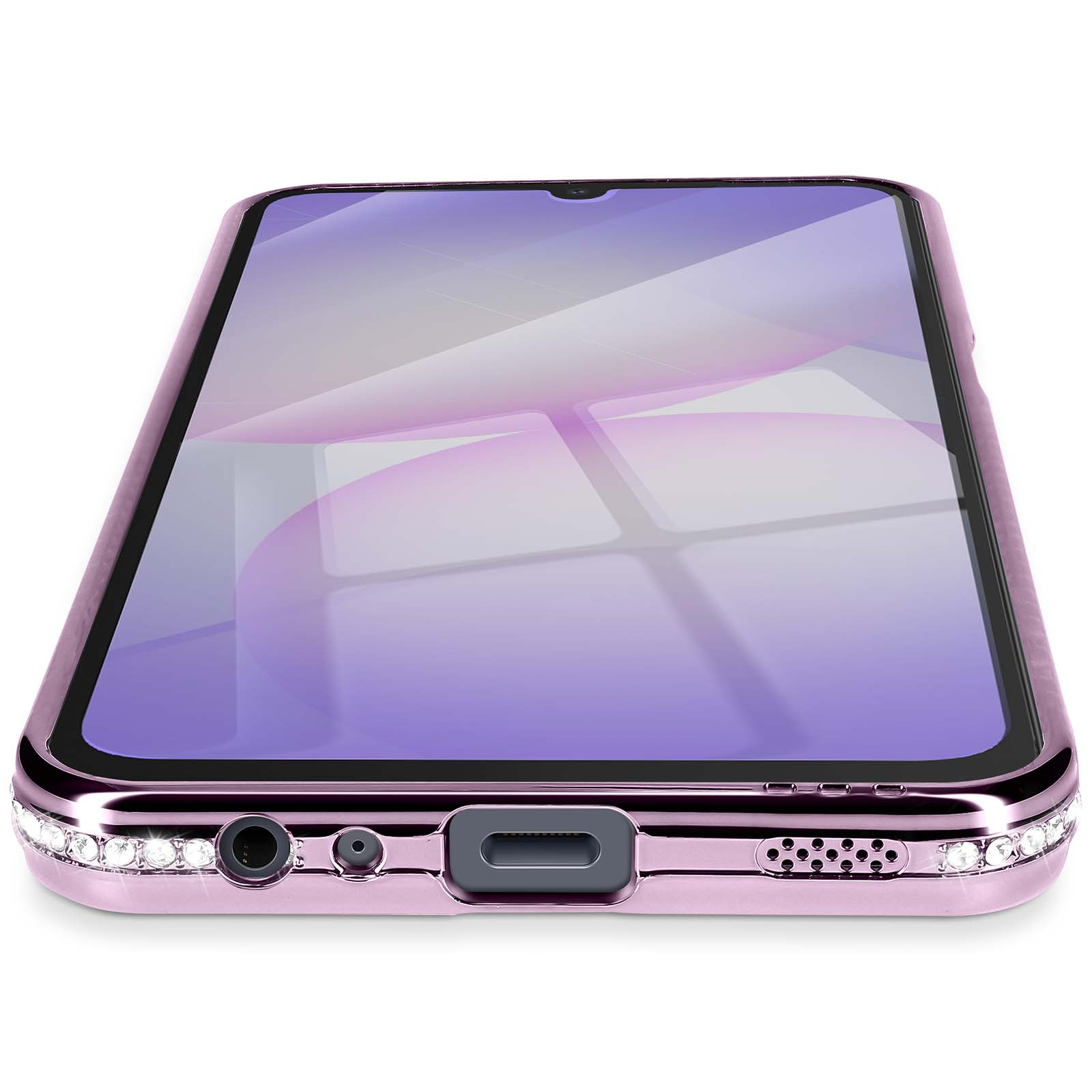 Una custodia rosa per telefono con schermo viola. La custodia ha un bordo di cristallo e aperture per le porte.