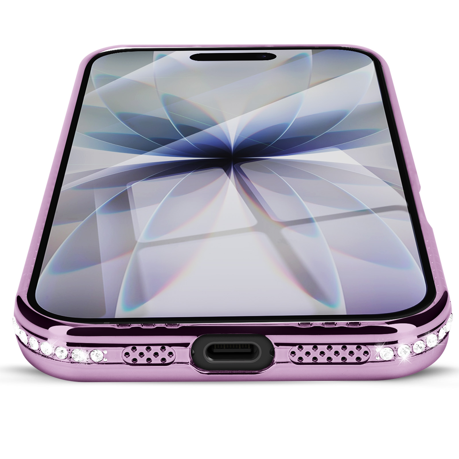 Gros plan sur un étui de téléphone rose avec un écran affichant un design abstrait blanc et bleu.