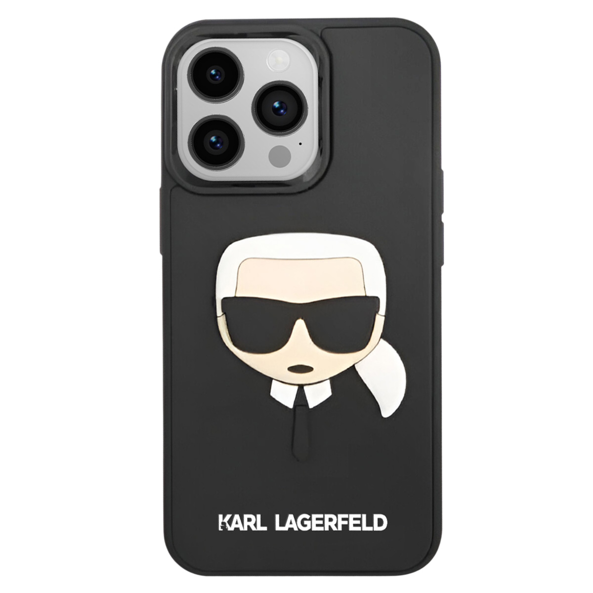 Custodia per telefono nera con design Karl Lagerfeld. Raffigura un volto cartoon con occhiali da sole, capelli bianchi e logo del brand.