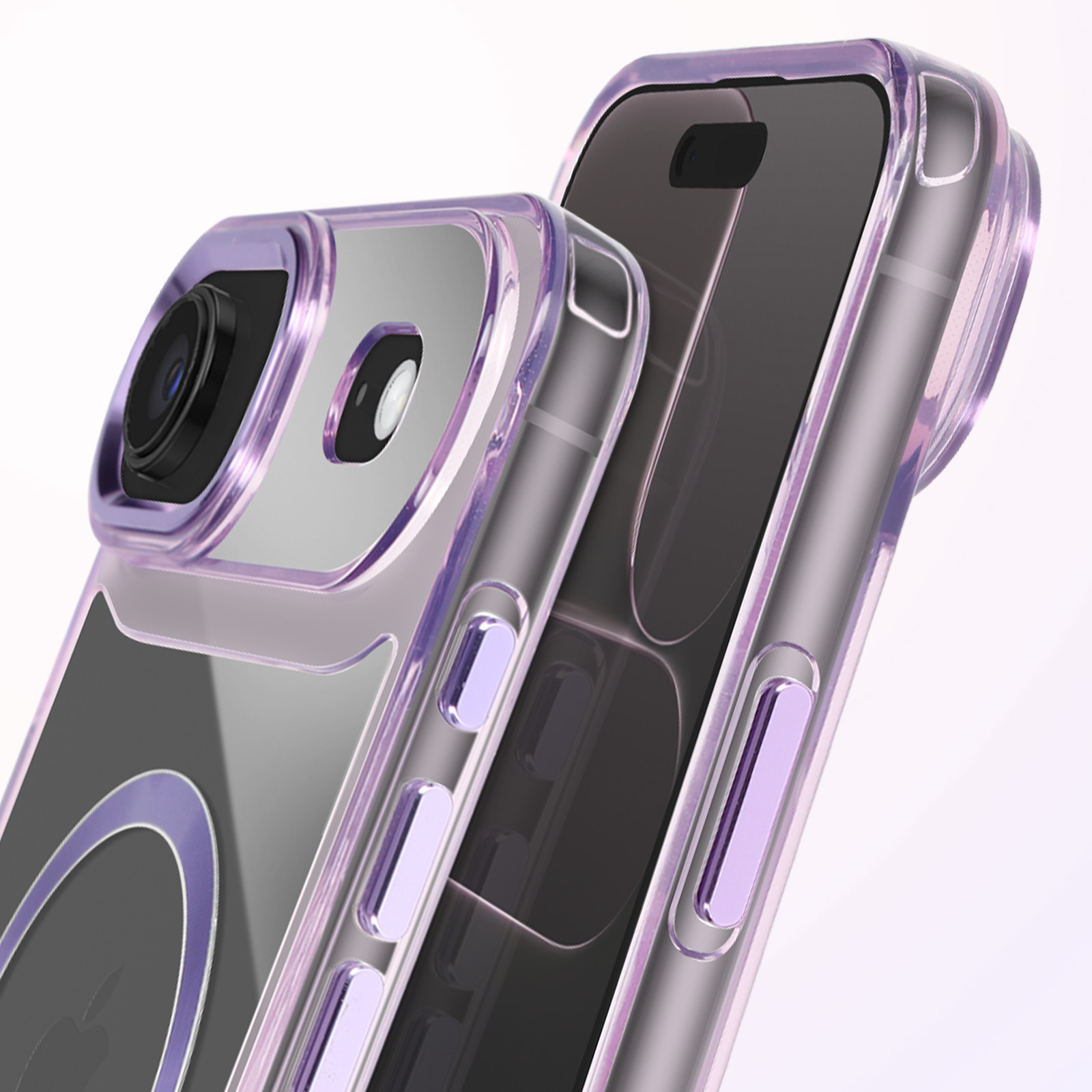 Deux smartphones dans des étuis transparents avec des bords violets sont montrés. L'un a un appareil photo. Le fond est blanc et clair.
