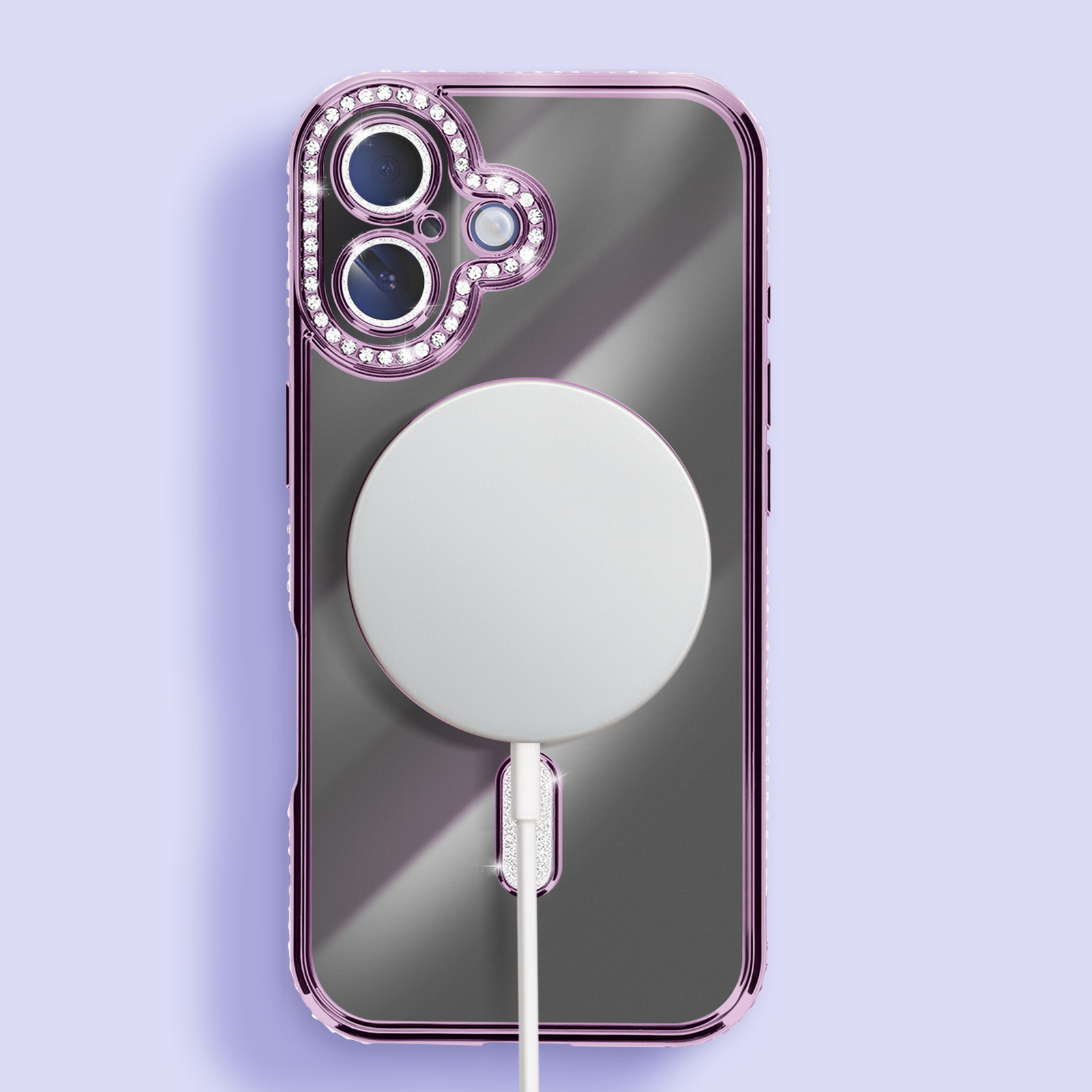 Une coque de téléphone avec un cadre rose, un dos transparent et un cercle de chargement blanc. La zone de la caméra est décorée de strass.
