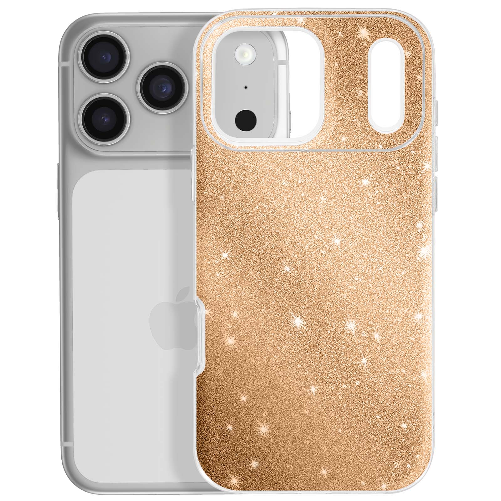 Een telefoon in een gouden glitter hoesje. De telefoon heeft drie cameralenzen. De hoes heeft openingen voor de camera en knoppen.