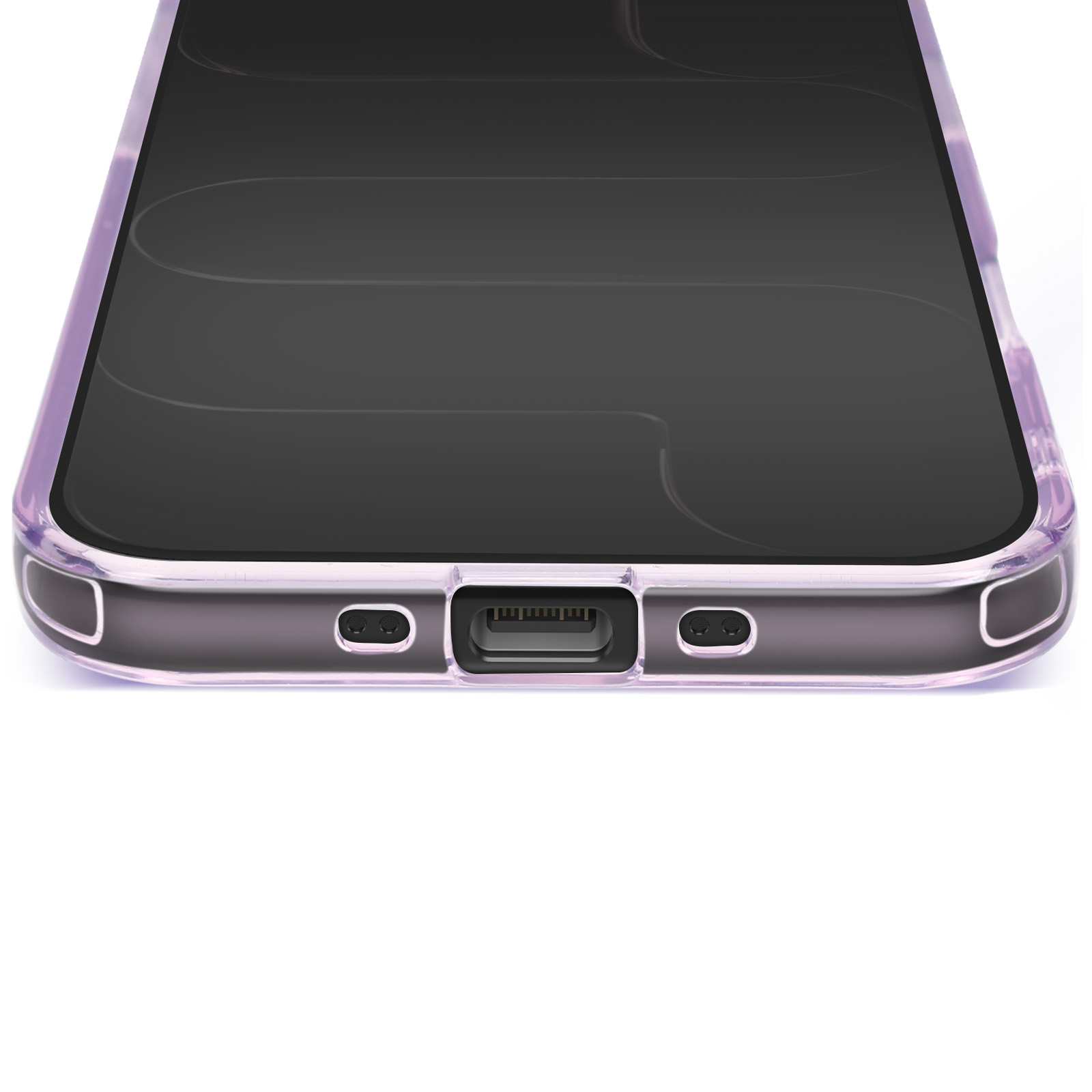 Gros plan sur une coque de téléphone. La coque est transparente avec une teinte violette. Le bas comporte un port de charge et des trous pour haut-parleurs.