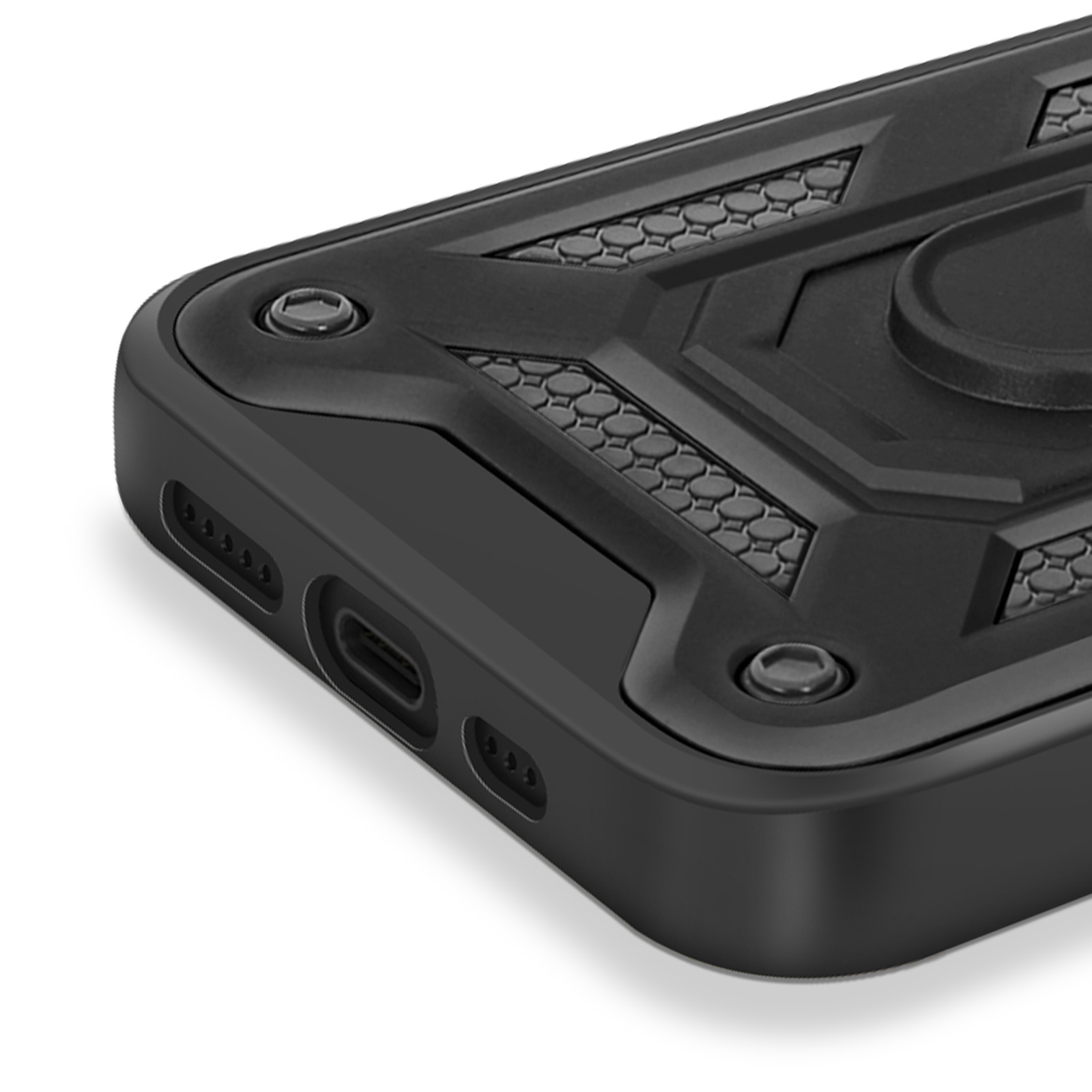 Primo piano di una custodia per telefono nera con un design strutturato e un supporto ad anello. La custodia ha una porta e fori per altoparlanti.