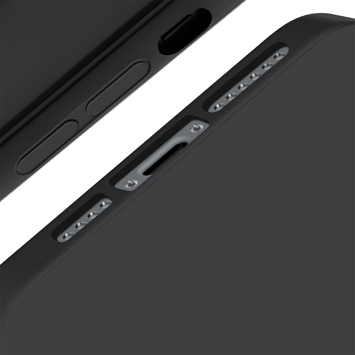 Primo piano di una custodia per telefono grigio scuro. Vista laterale con pulsanti e aperture visibili. La custodia è angolata verso lo spettatore.