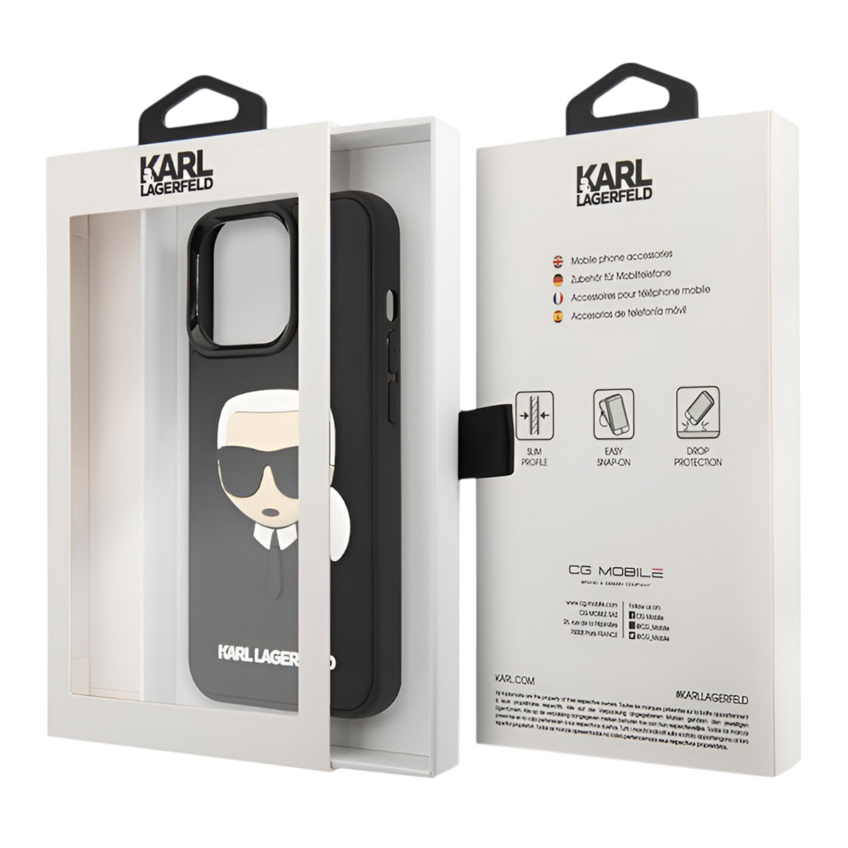 Una custodia per telefono in una scatola aperta. La custodia è nera con un design Karl Lagerfeld. La scatola è bianca con testo e loghi.