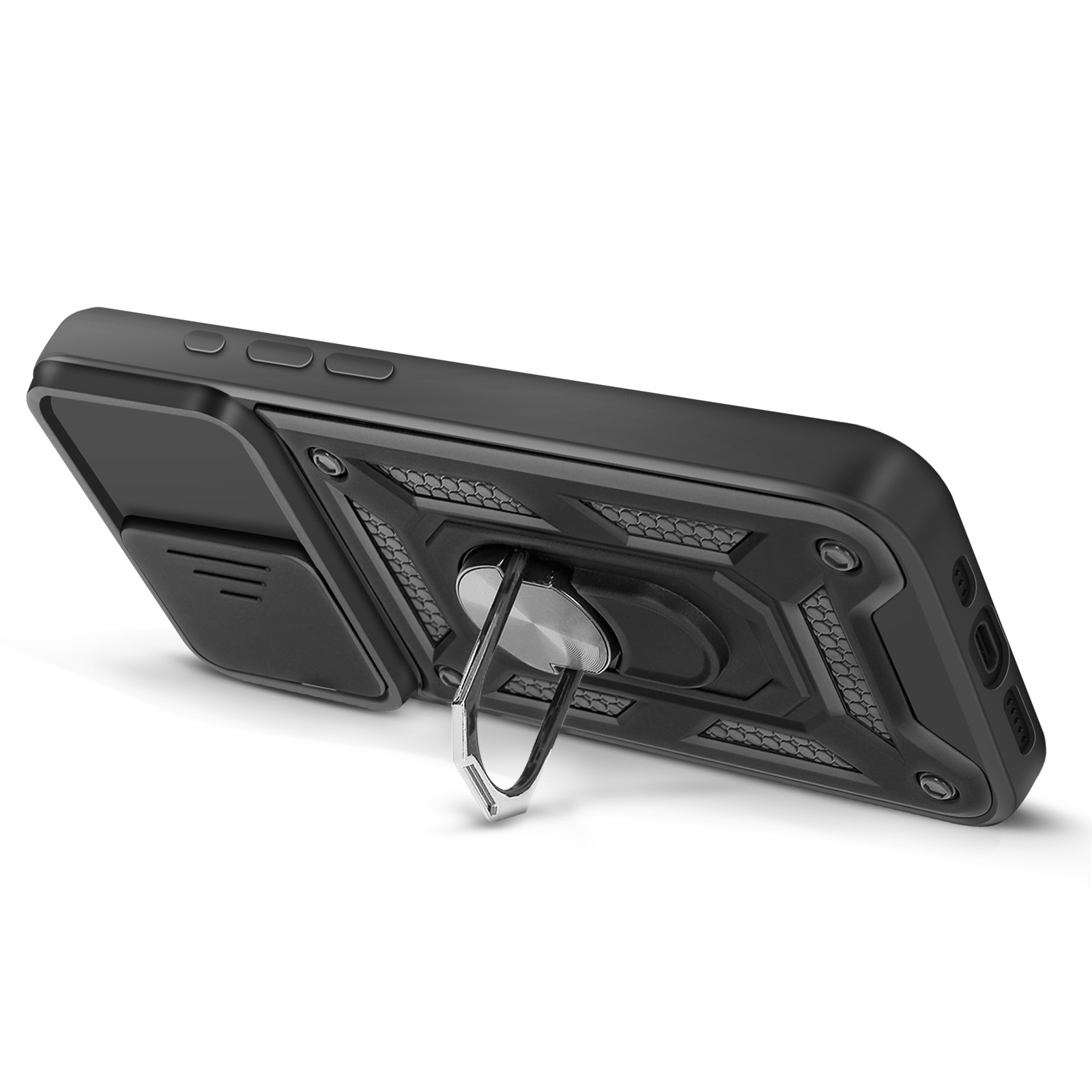 Custodia nera per telefono con supporto ad anello e porta scorrevole per la fotocamera. Lo sfondo è bianco.