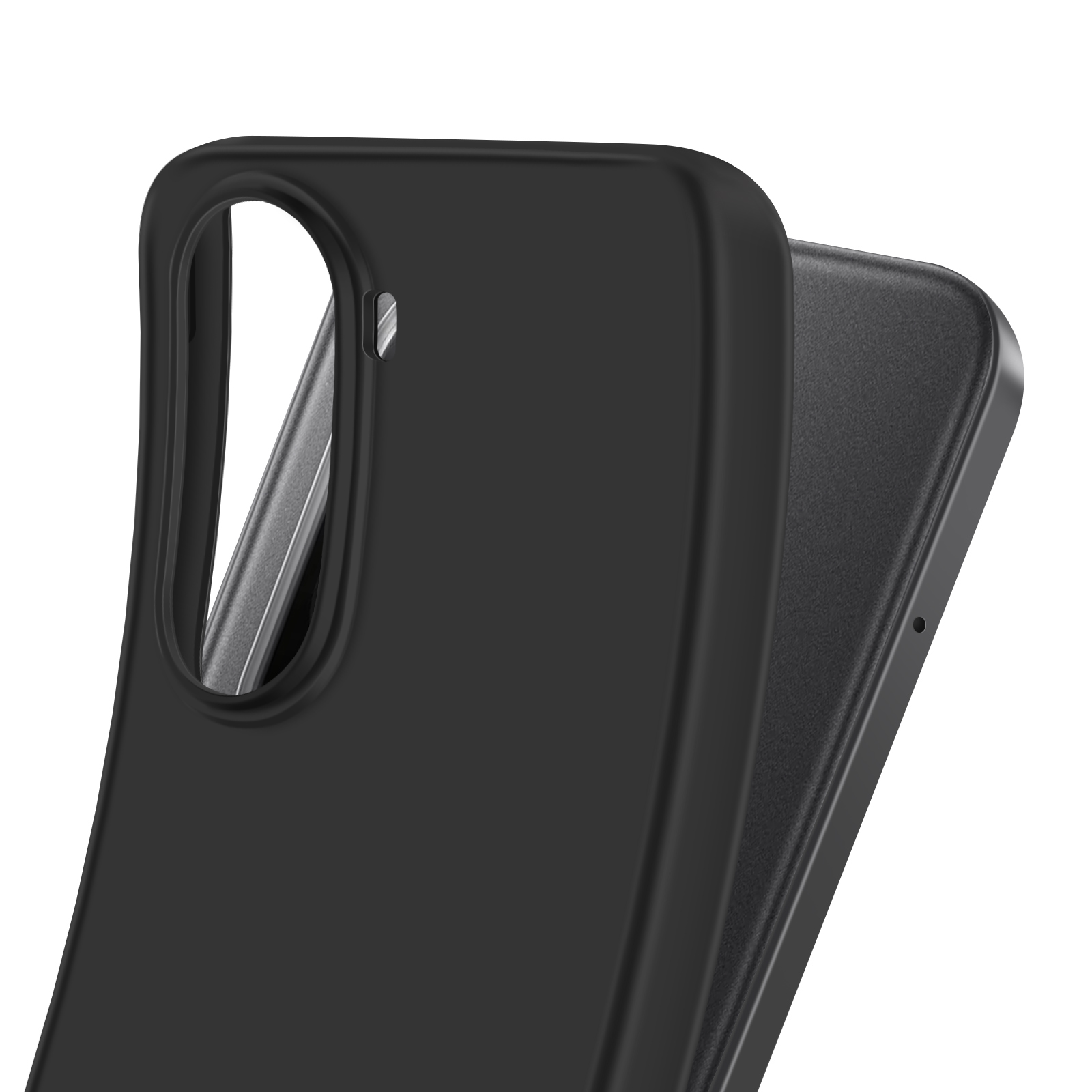 Close-up van een zwarte telefoonhoes. De hoes heeft een uitsparing voor de camera en een textuur aan de achterkant.