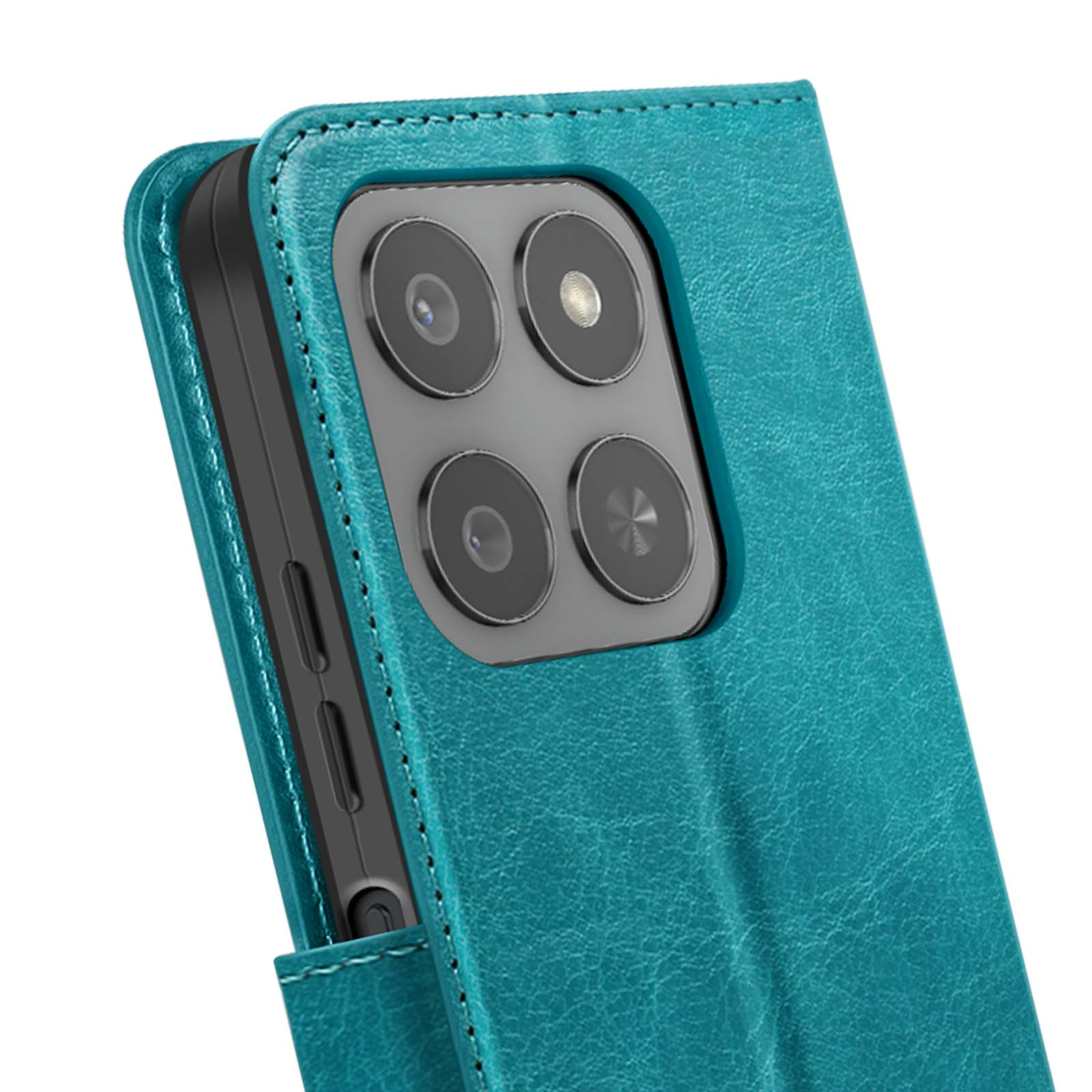 Coque de téléphone turquoise, montrant les lentilles de l'appareil photo. Texture cuir visible. Coque ouverte, côté du téléphone.