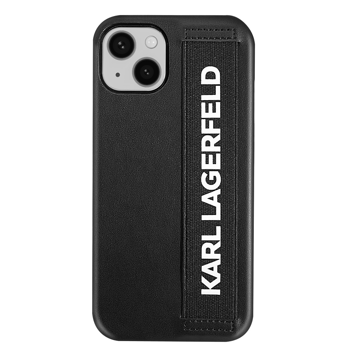 Custodia per iPhone nera con logo Karl Lagerfeld. Ha un cinturino laterale per l'impugnatura.