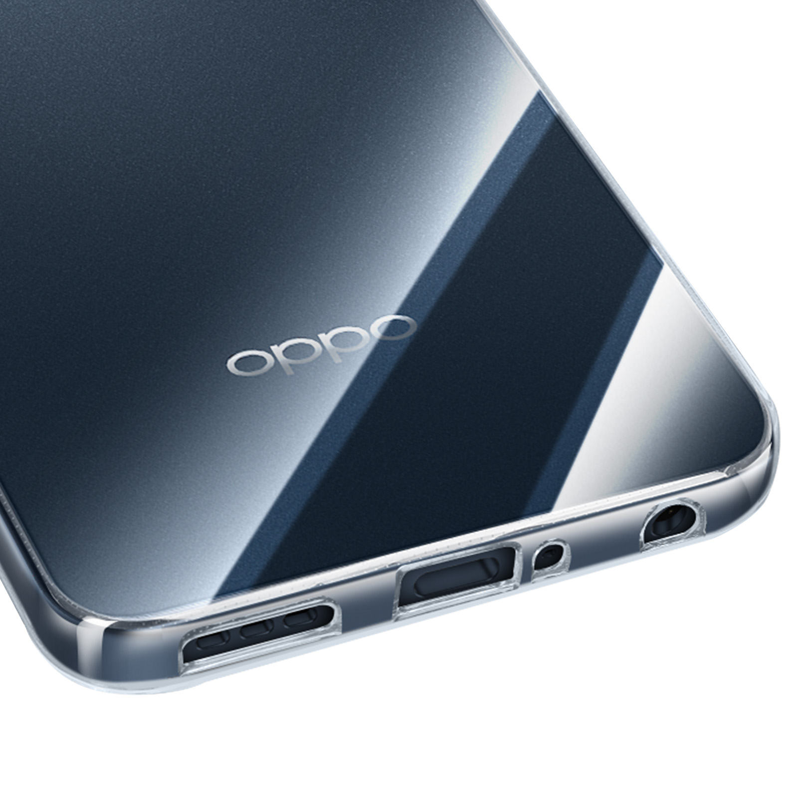 Custodia trasparente per telefono. Logo OPPO visibile. Porte in basso. Superficie del telefono blu scuro.
