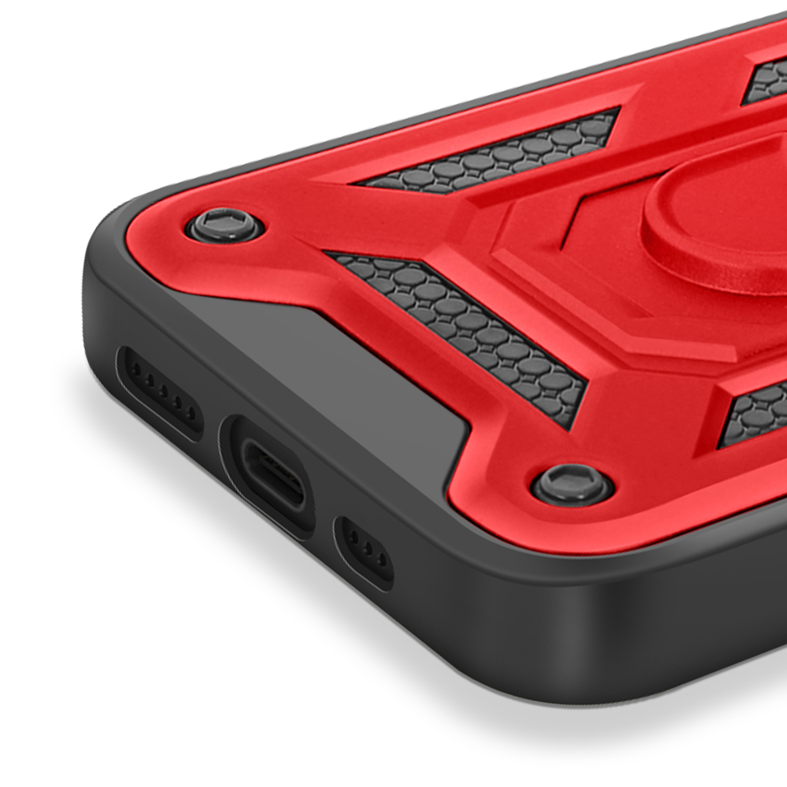 Primo piano di una custodia per telefono rossa e nera. Ha un design geometrico e un supporto ad anello.