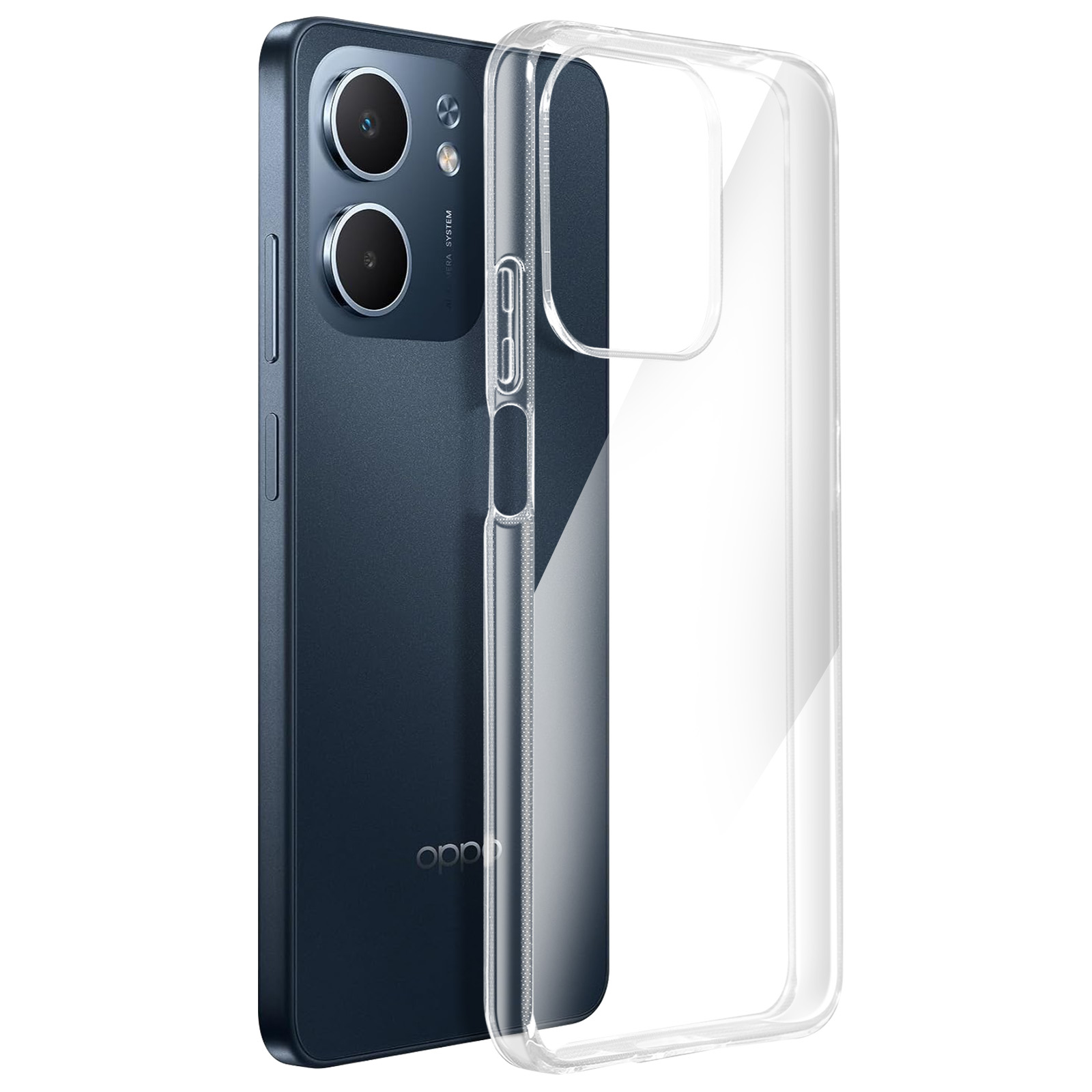 Viene mostrato uno smartphone blu scuro con una custodia trasparente. Il telefono ha due obiettivi. La custodia è sul lato.