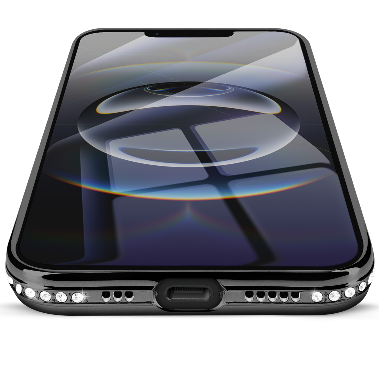 Zwarte smartphone met een sprankelend frame, met een digitaal scherm, schuine weergave, witte achtergrond.