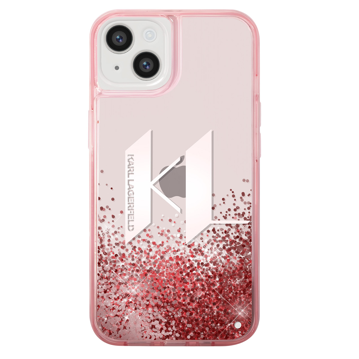 Custodia rosa per telefono con glitter, logo Apple e logo Karl Lagerfeld. La custodia protegge il telefono e aggiunge stile.