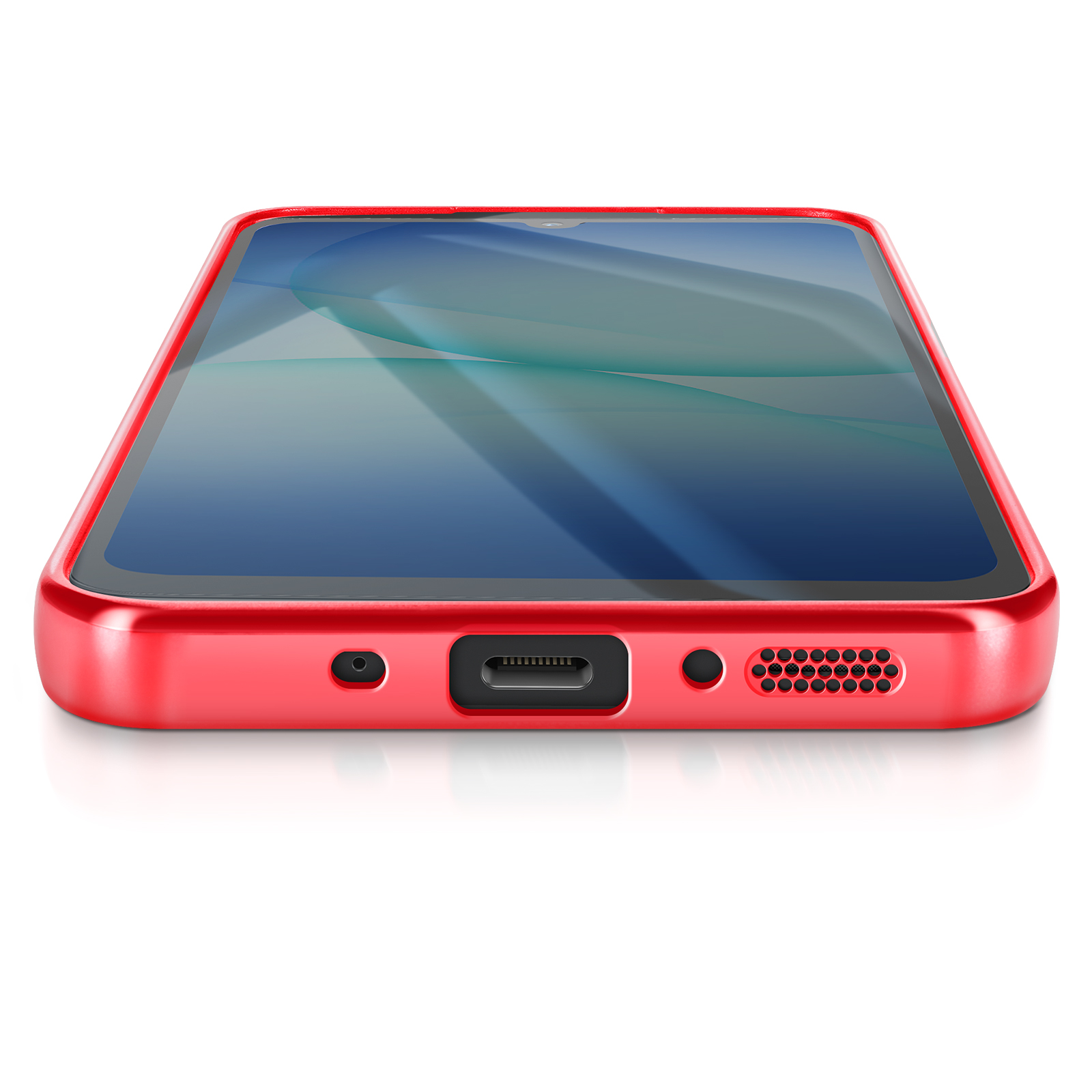 Een rode smartphone ligt op een witte ondergrond. Het scherm toont een vage blauwe en blauwgroene patroon. De case heeft gaten.