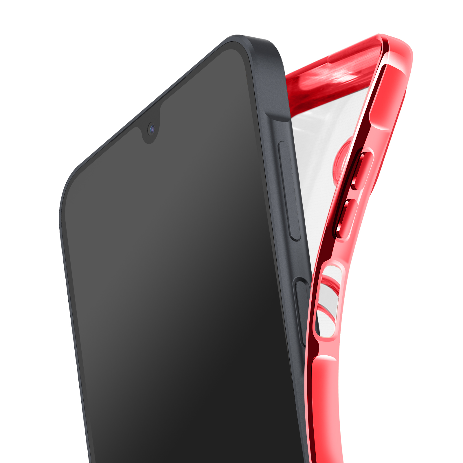 Een smartphone met een donker scherm is gedeeltelijk omhuld door een rode telefoonhoes.