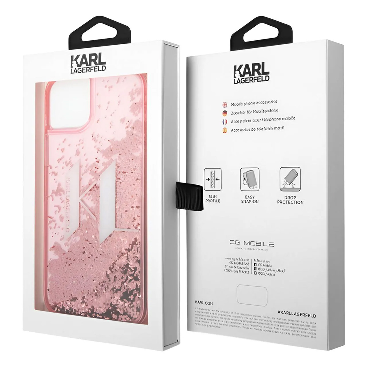 Una custodia per telefono in una scatola. La custodia è rosa con glitter e il logo Karl Lagerfeld. La scatola è bianca con testo.