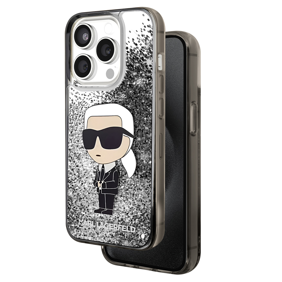 Una custodia per telefono con un design di Karl Lagerfeld. La custodia ha uno sfondo glitterato e un cartone animato di Karl con occhiali da sole e un abito.