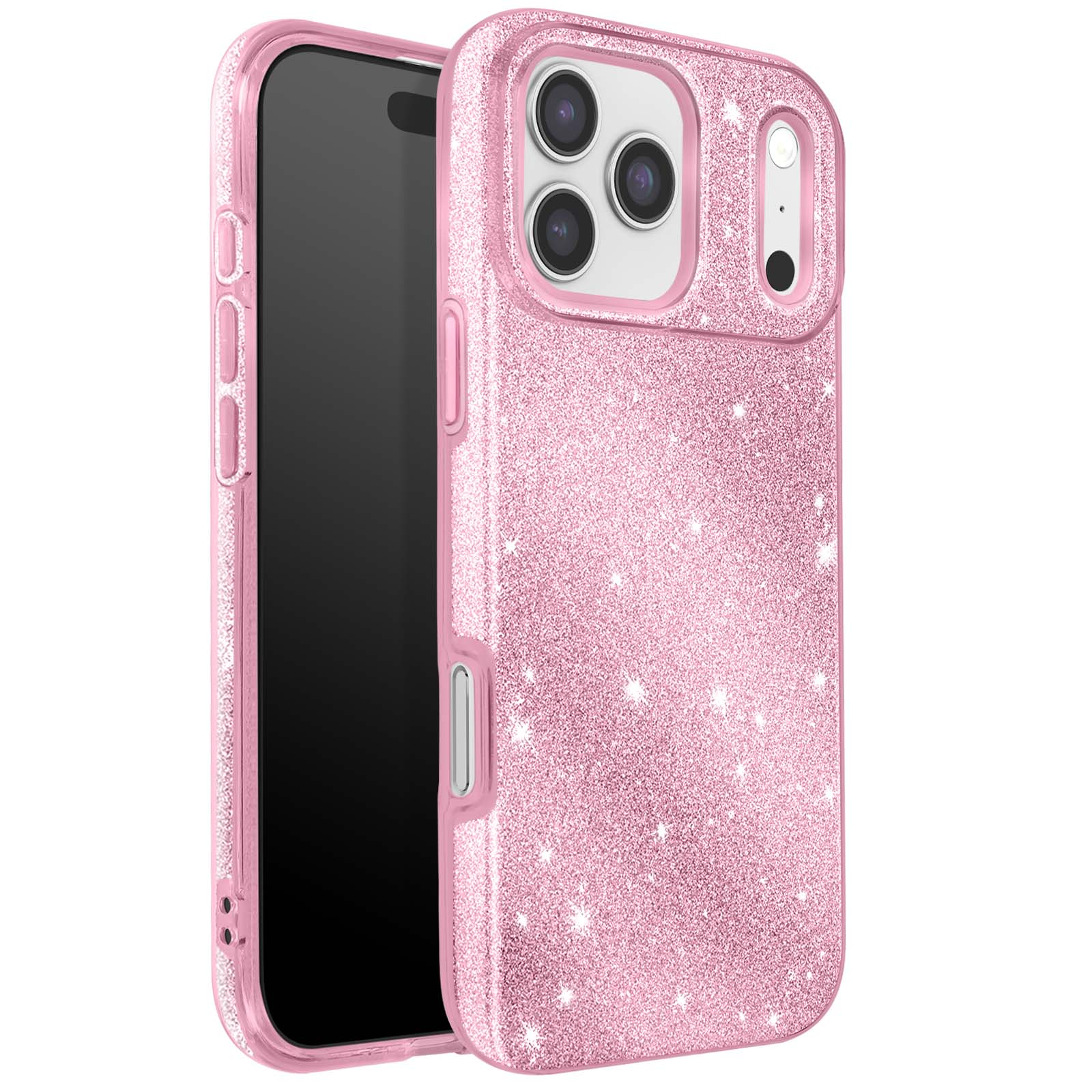 Roze glitter iPhone-hoesje met drie cameralenzen en een zwart scherm. De hoes zit op een witte achtergrond.