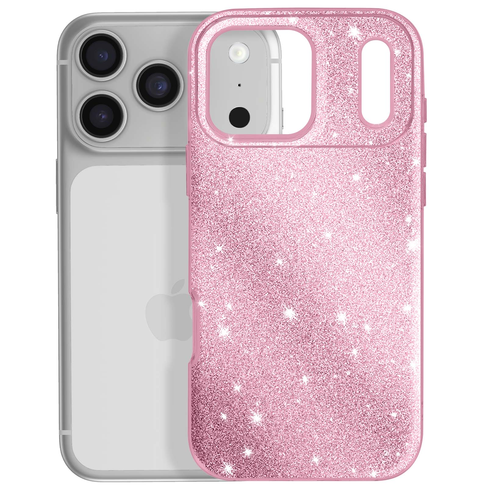 Een iPhone met een roze glitter telefoonhoesje. De hoes bedekt de achterkant en zijkanten, heldere achterkant.