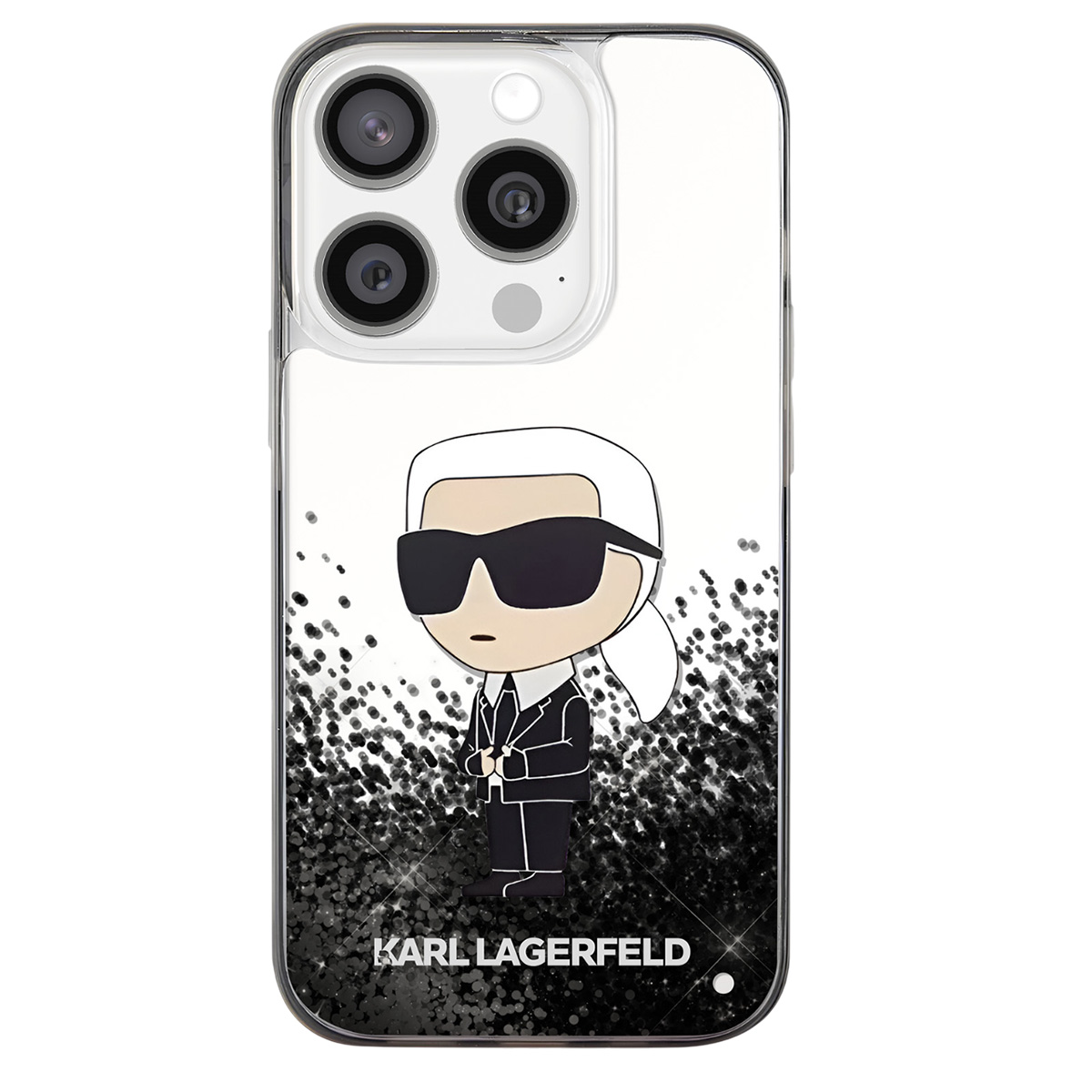 Custodia per telefono con un cartone animato di Karl Lagerfeld. La custodia è bianca con un design in bianco e nero e il logo Karl Lagerfeld.