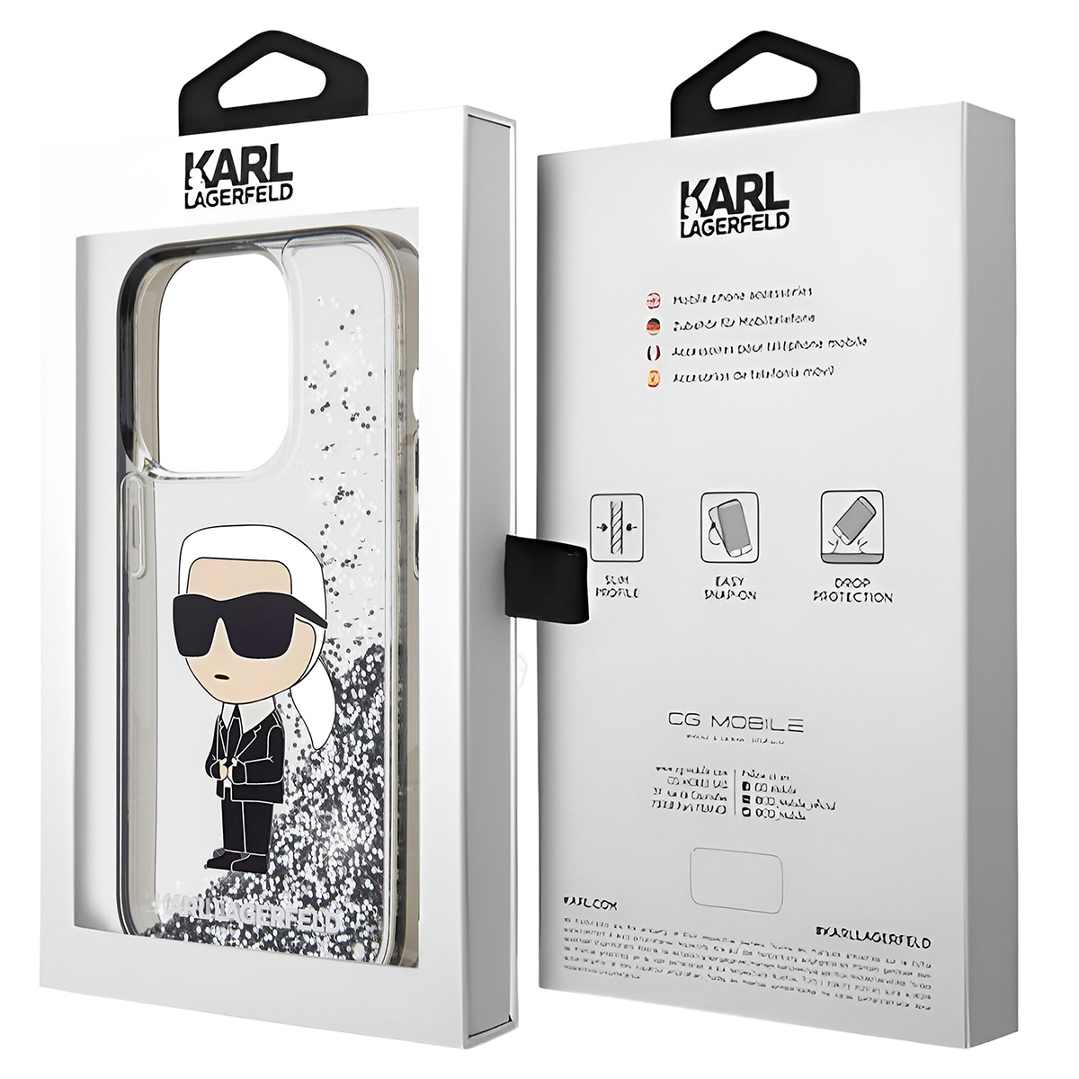 Una custodia per telefono Karl Lagerfeld in una scatola bianca. La custodia è trasparente con un cartone animato di Karl. Dettagli.