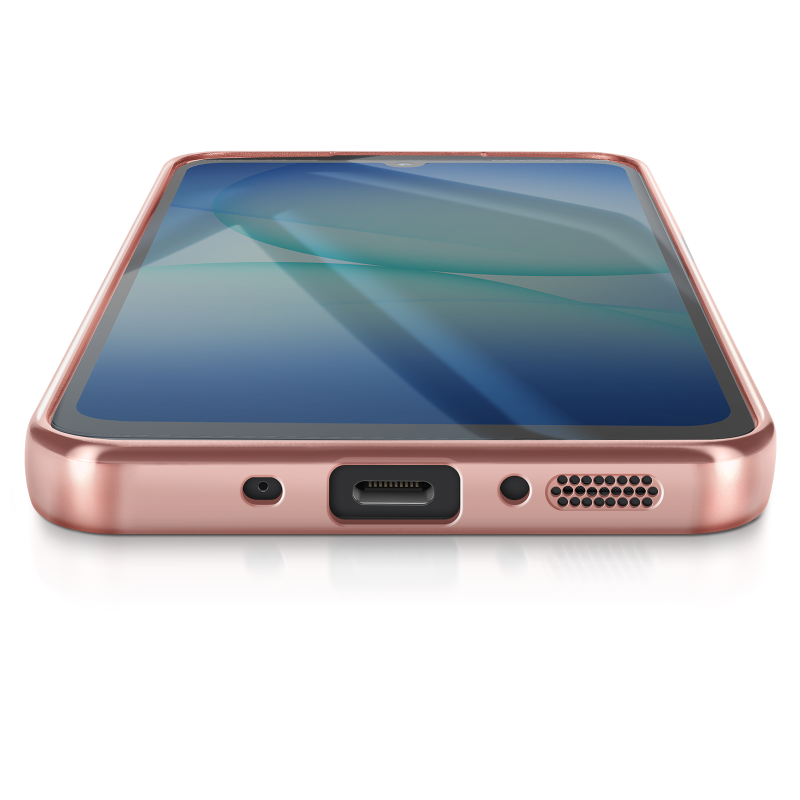 Een roségouden smartphone ligt op een wit oppervlak. Het scherm toont blauwe en groene golven.